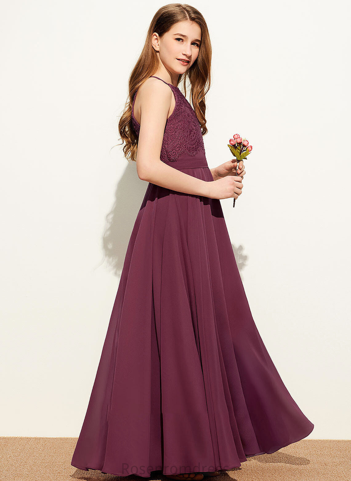 Floor-Length Lace Square A-Line Emilia Neckline Chiffon Junior Bridesmaid Dresses