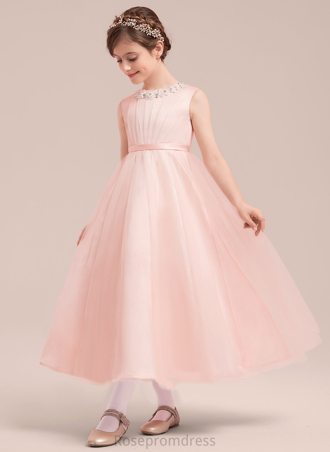 Iris - Sleeveless Ankle-length Beading/Bow(s) A-Line/Princess Scoop Neck Girl Flower Girl Dresses With Flower Satin/Tulle Dress