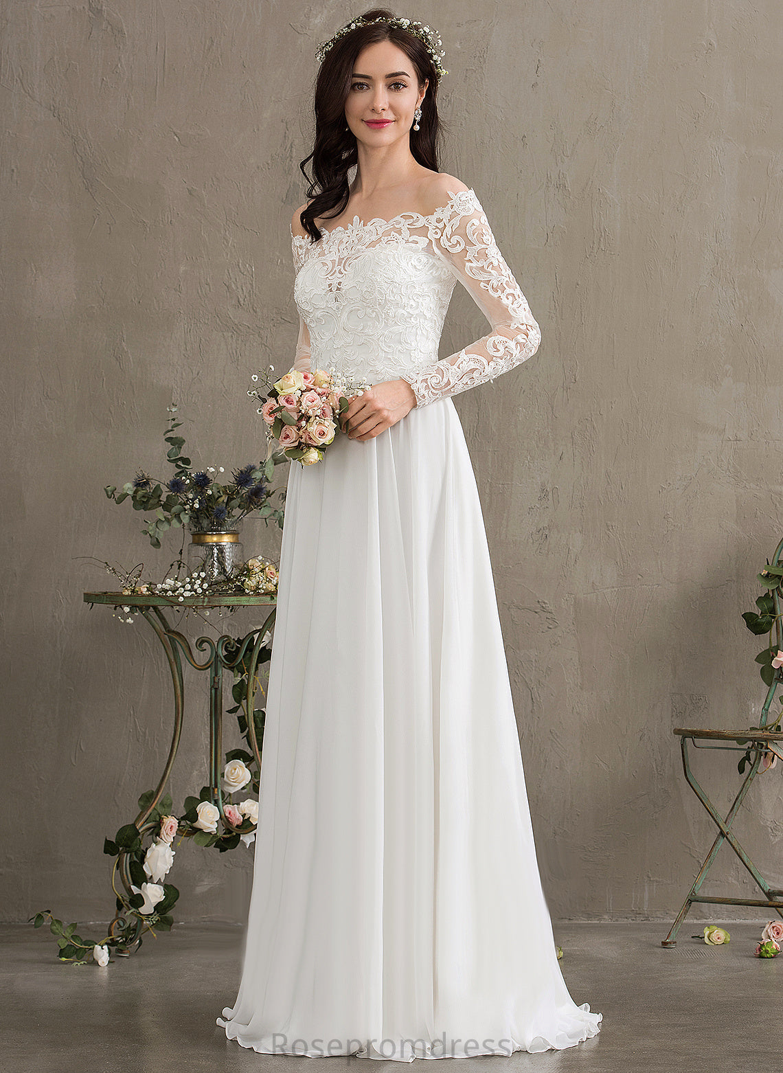 Floor-Length Chiffon Wedding Dress Lace A-Line Wedding Dresses Hedwig Off-the-Shoulder