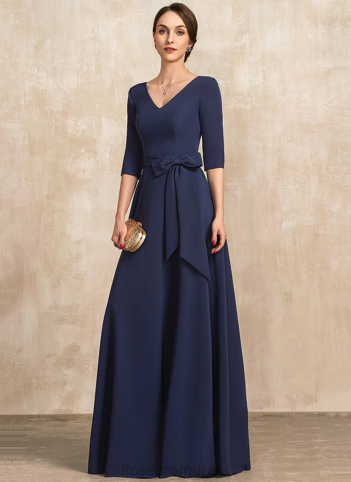 Bow(s) the With Bride Dress of V-neck Floor-Length Stretch Rosa A-Line Mother Crepe Mother of the Bride Dresses