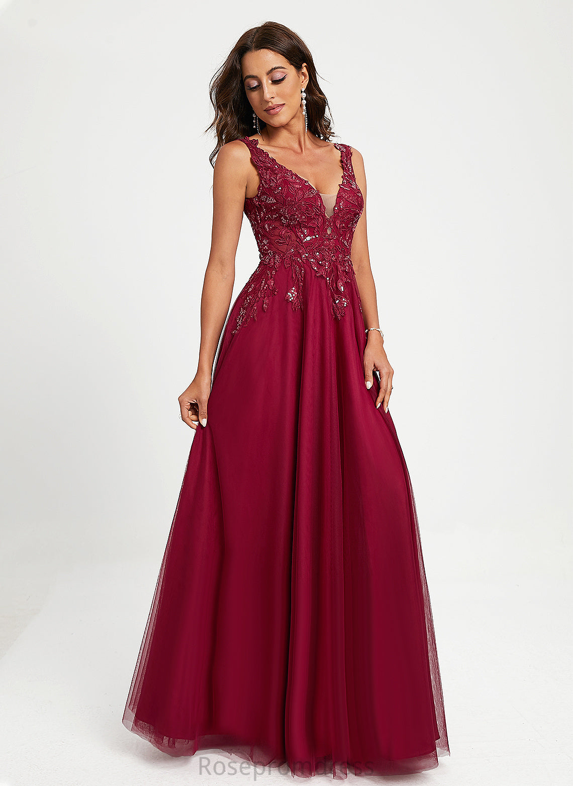 Sequins Tulle Floor-Length Ball-Gown/Princess V-neck With Lace Zion Prom Dresses