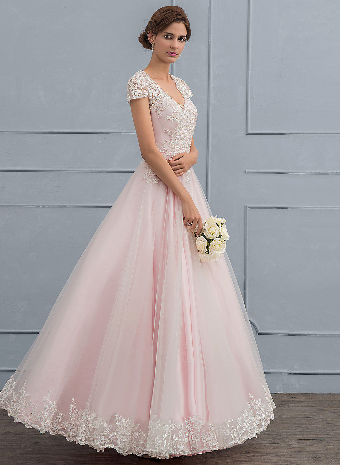 Ball-Gown/Princess Mya Wedding Dresses V-neck Dress Tulle Beading Floor-Length Wedding With Lace Sequins