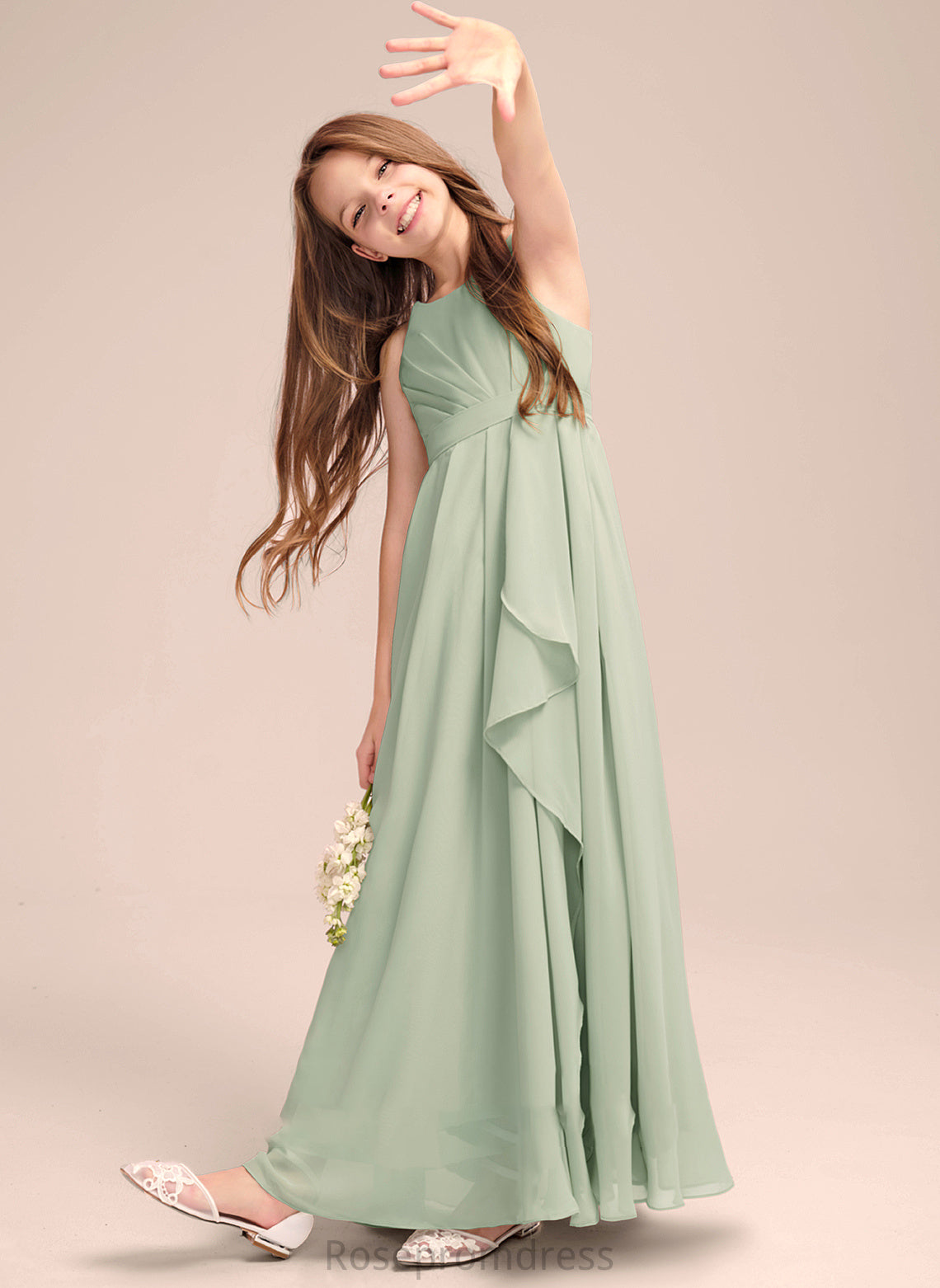 A-Line Floor-Length With Neck Chiffon Junior Bridesmaid Dresses Jacquelyn Ruffles Scoop Cascading