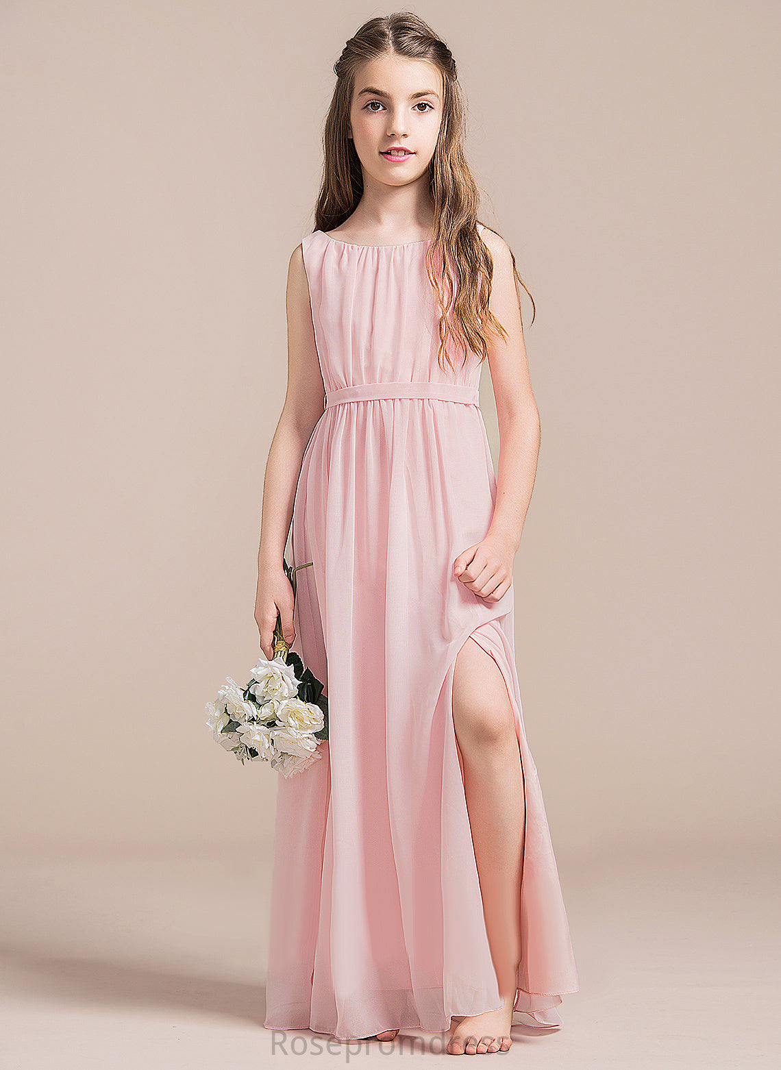 Junior Bridesmaid Dresses Rachael Neck Floor-Length Chiffon A-Line Split Scoop Front With Ruffle