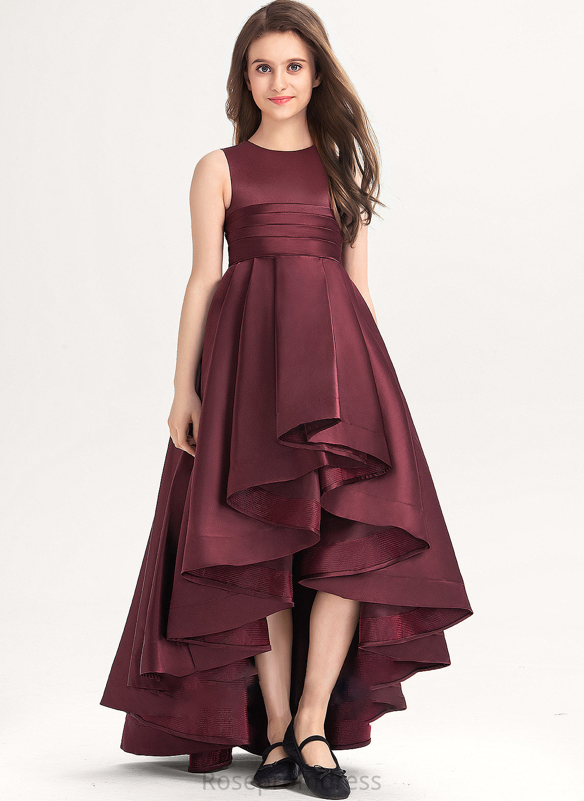 A-Line Satin Gabrielle Ruffle Scoop Junior Bridesmaid Dresses Asymmetrical With Neck