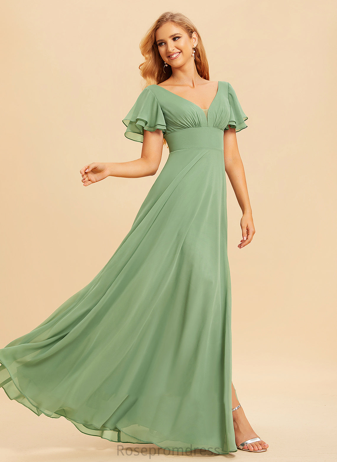 A-Line Fabric Embellishment Length Silhouette Floor-Length SplitFront Ruffle Neckline V-neck Trinity Trumpet/Mermaid Bridesmaid Dresses