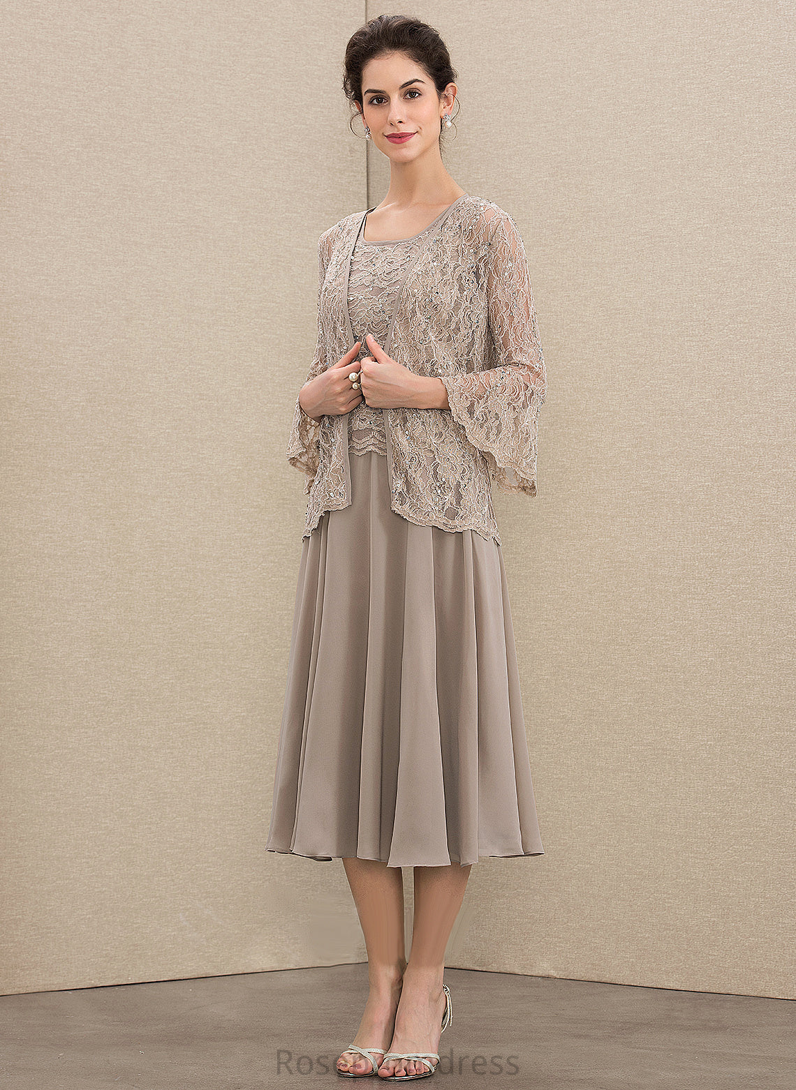 Bride Neck Chiffon Mother of the Bride Dresses Sequins Scoop the Emery With Lace A-Line Dress of Mother Tea-Length