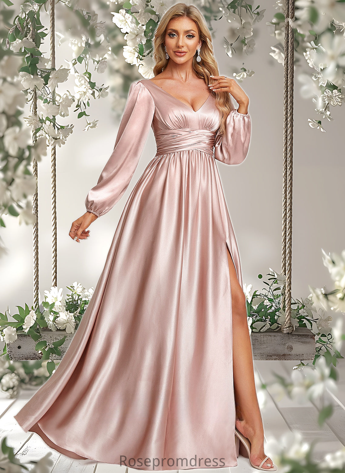 Logan A-line V-Neck Floor-Length Stretch Satin Prom Dresses DSP0025880