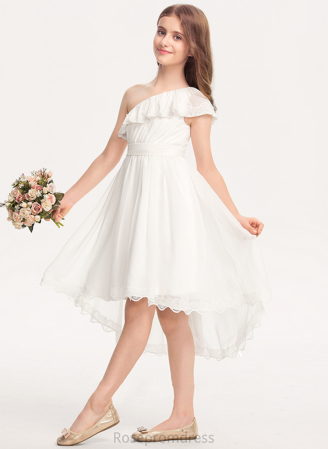 With Izabelle Chiffon A-Line Lace Bow(s) Asymmetrical Junior Bridesmaid Dresses One-Shoulder