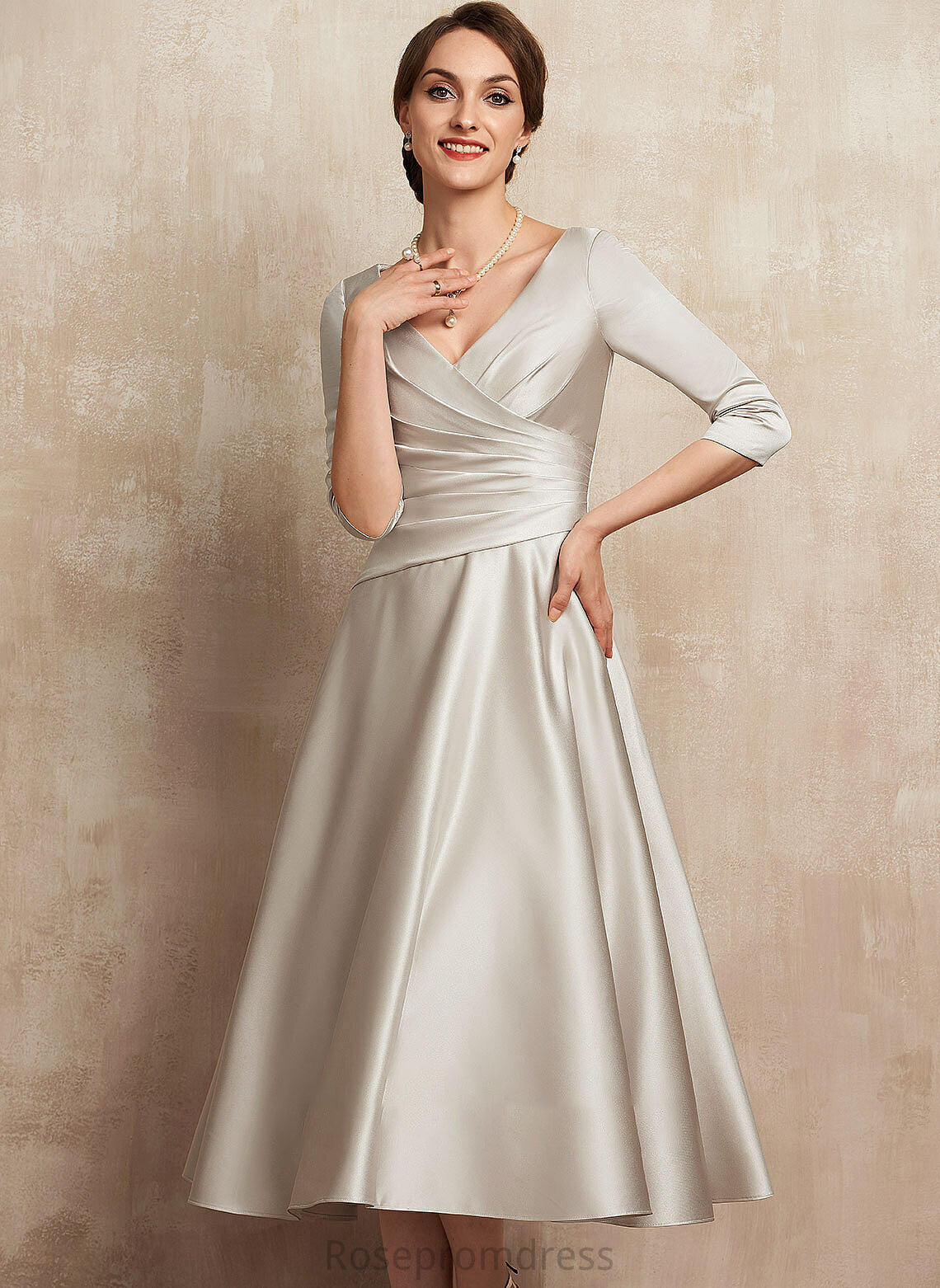 Satin Jocelyn Mother of the Bride Dresses V-neck Dress the Mother Bride Ruffle of A-Line Tea-Length With