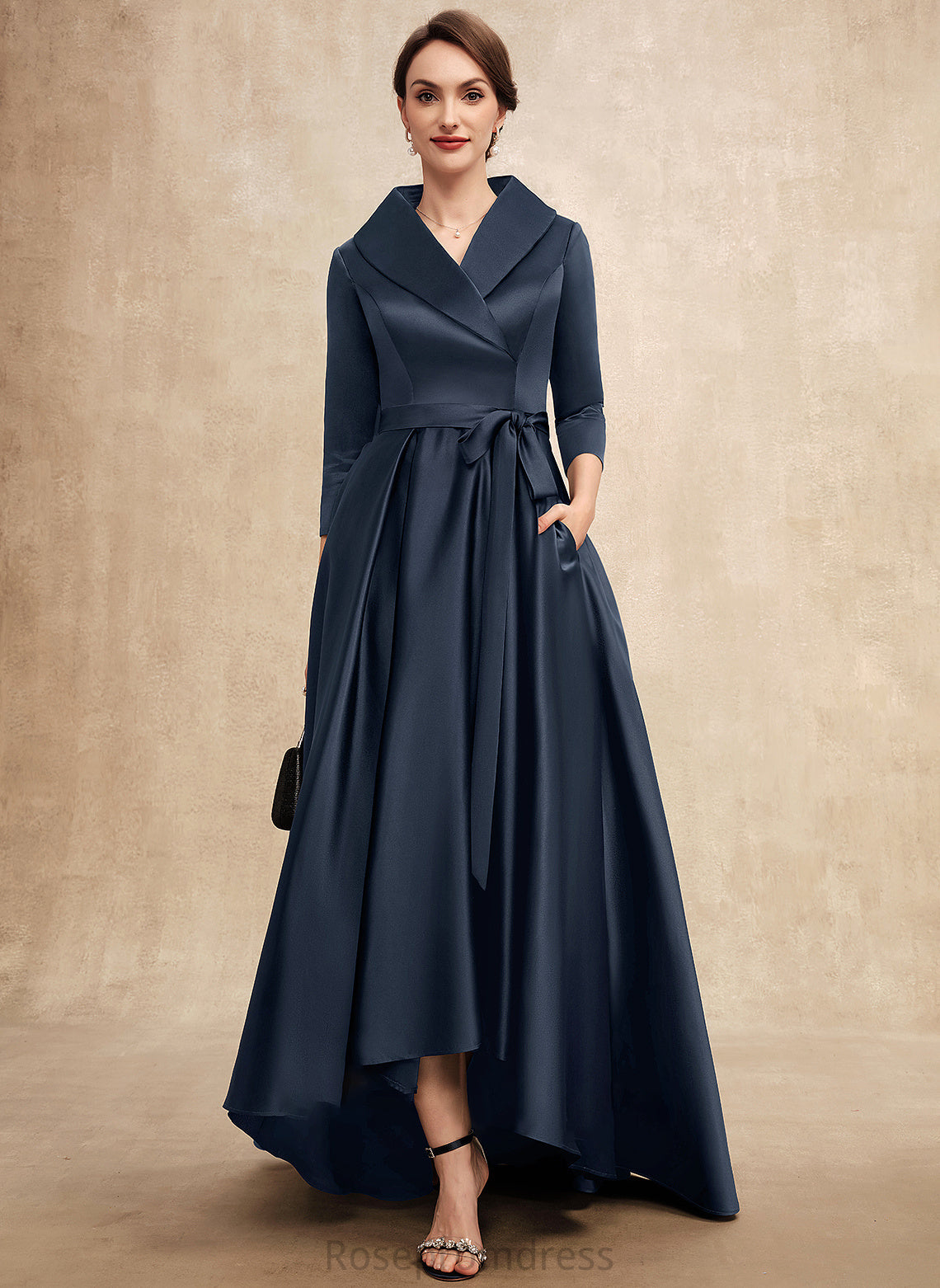 Bow(s) Pockets A-Line Pamela Asymmetrical With V-neck Satin of the Bride Mother Dress Mother of the Bride Dresses