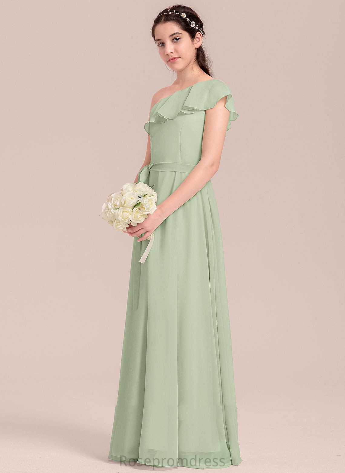 A-Line One-Shoulder Cascading Ruffles Holly Junior Bridesmaid Dresses Chiffon Floor-Length With