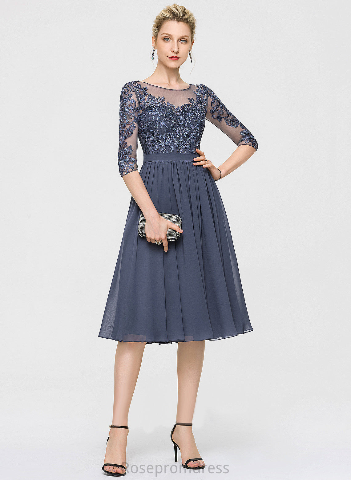 A-Line Dress Cocktail Neck Lace Cocktail Dresses With Sequins Gemma Scoop Knee-Length Chiffon