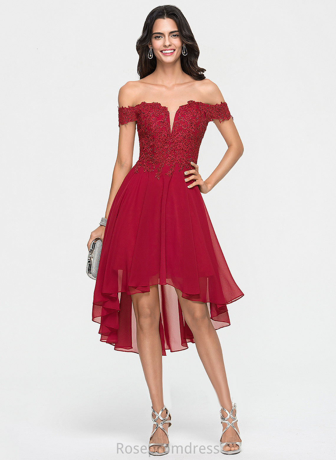 A-Line Chiffon Asymmetrical Lace Noelle Homecoming Dresses Homecoming Beading Off-the-Shoulder With Dress