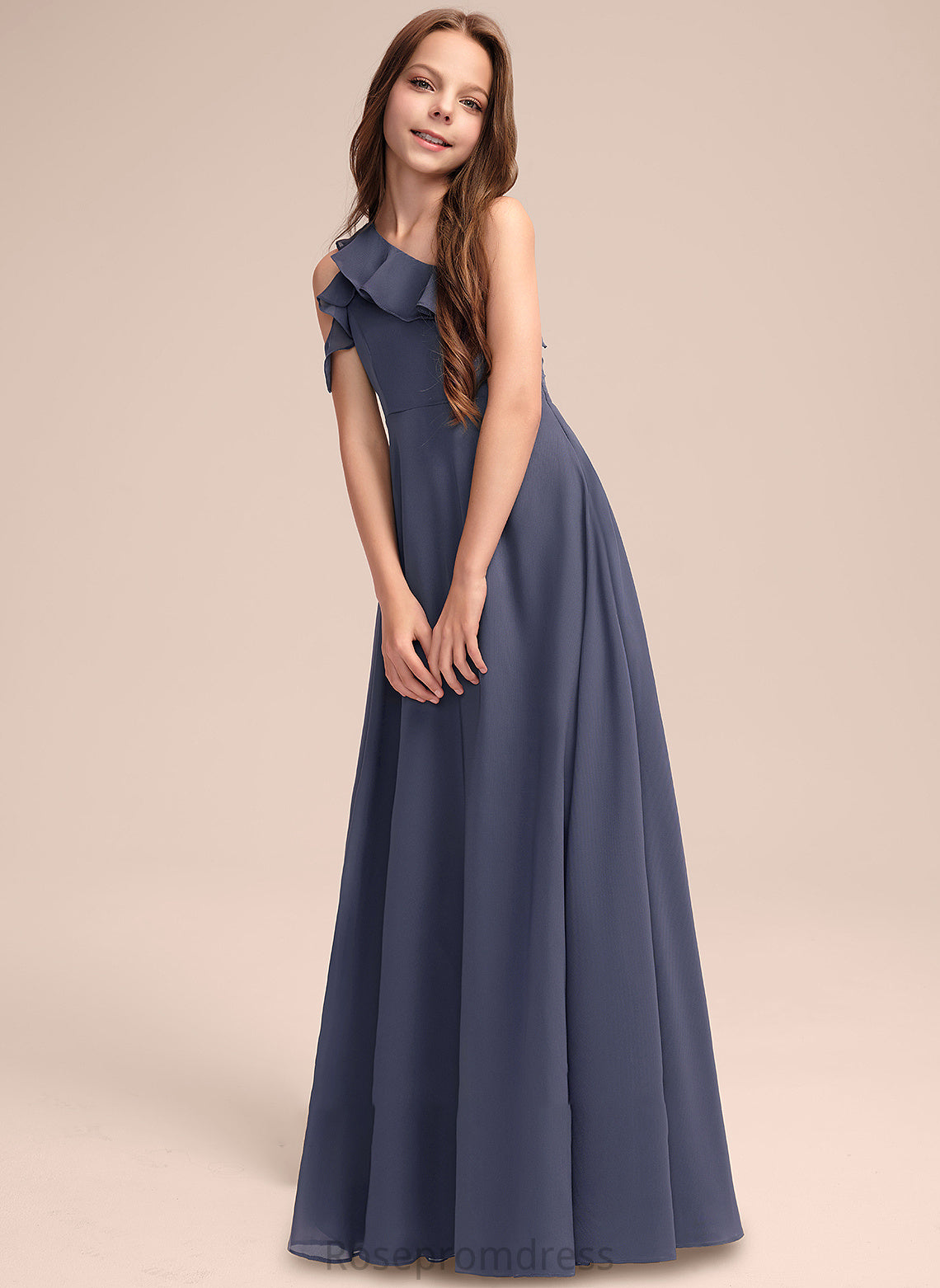 A-Line One-Shoulder With Ruffles Floor-Length Junior Bridesmaid Dresses Raegan Cascading Chiffon