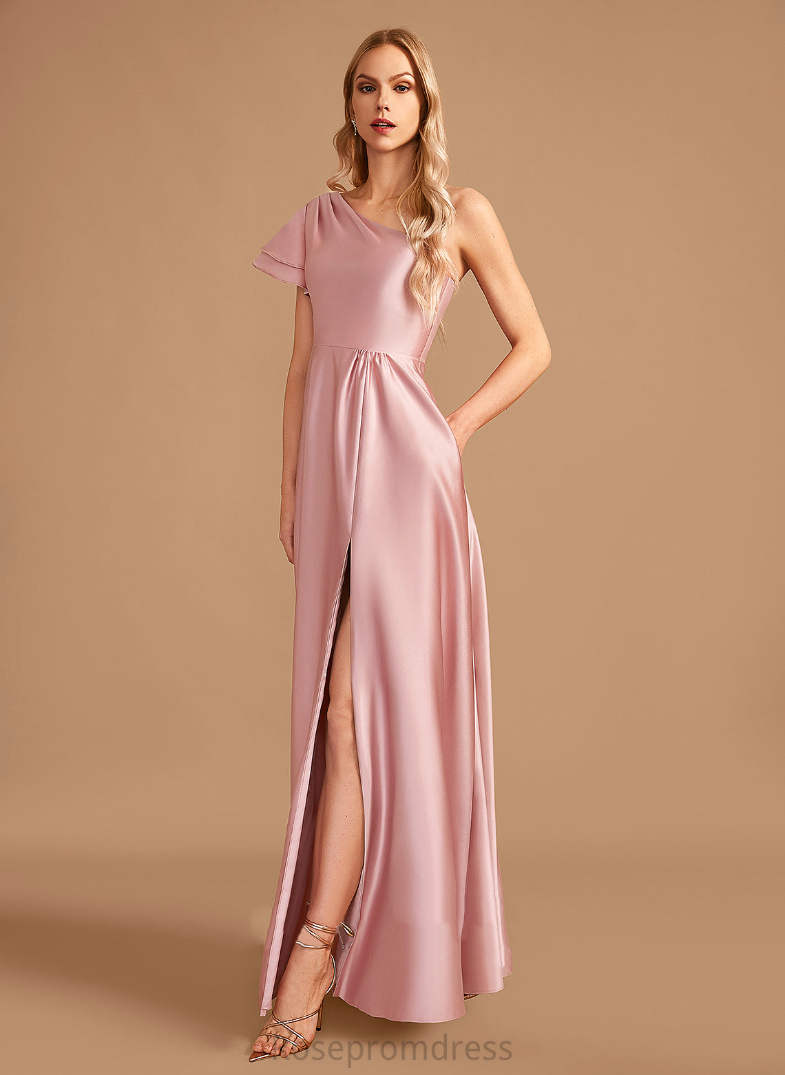 SplitFront Neckline One-Shoulder Length Floor-Length A-Line Embellishment Silhouette Fabric Ava Spaghetti Staps Floor Length Bridesmaid Dresses