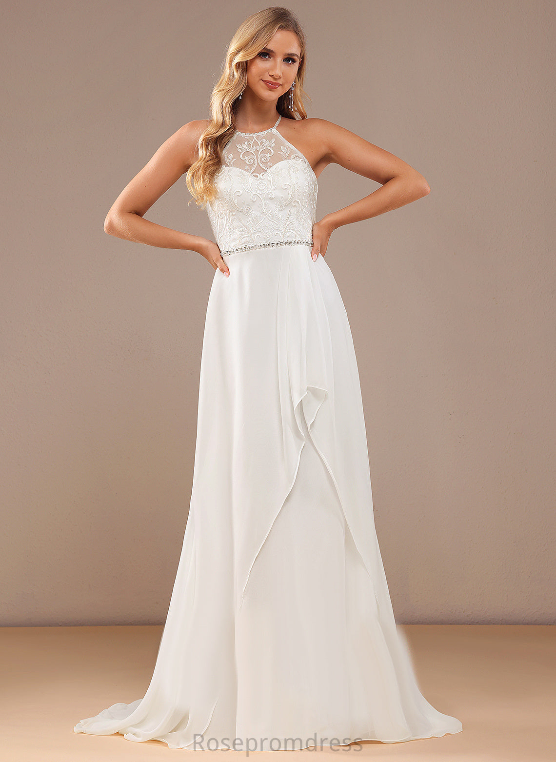 Sweep Wedding Chiffon Monserrat A-Line Train With Sequins Neck Beading Lace Wedding Dresses Lace Dress High