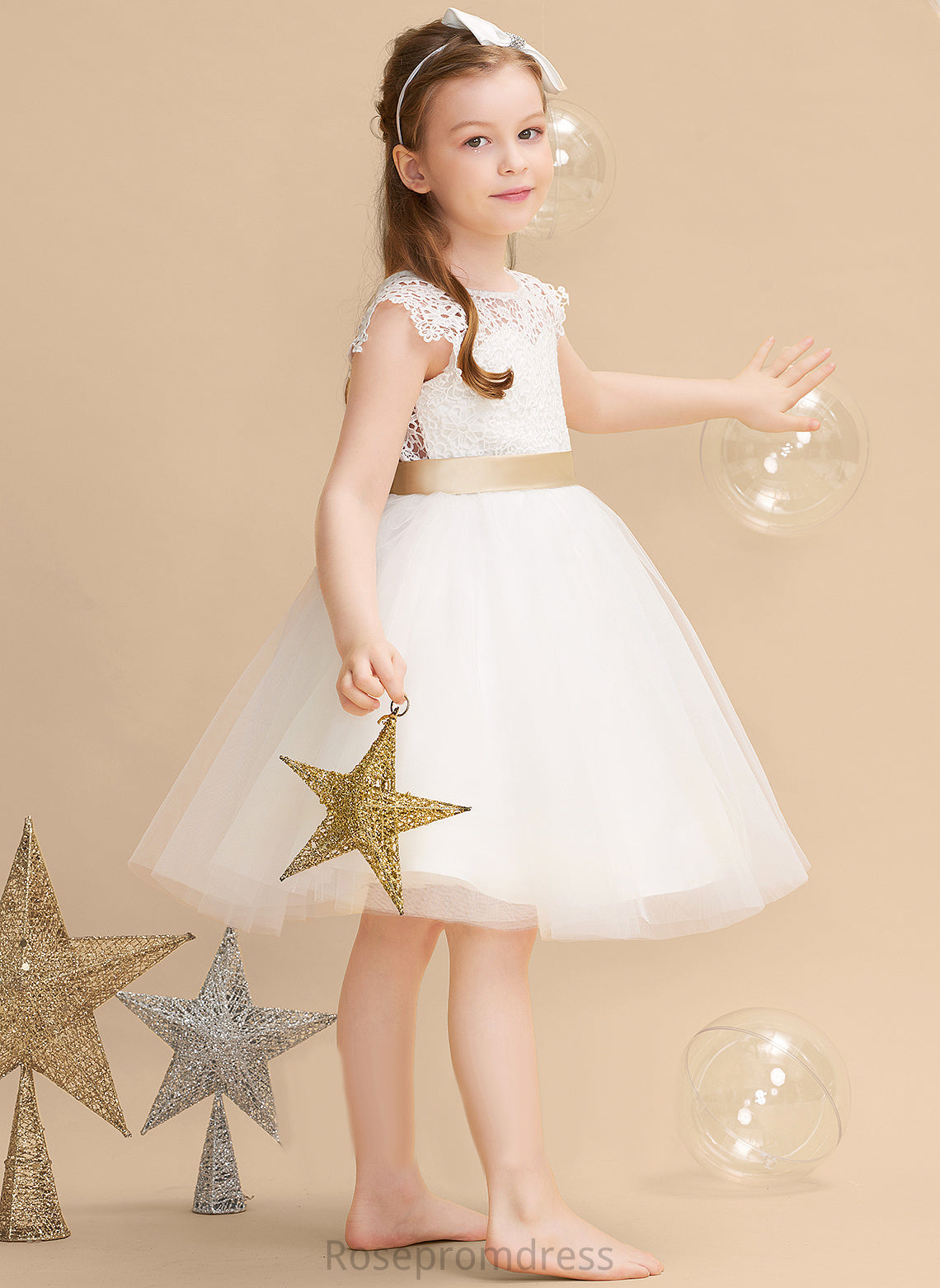 Short sash) Emma Flower Flower Girl Dresses Sash/Bow(s) Sleeves Scoop (Undetachable Tulle/Lace Girl Dress A-Line Neck Knee-length With