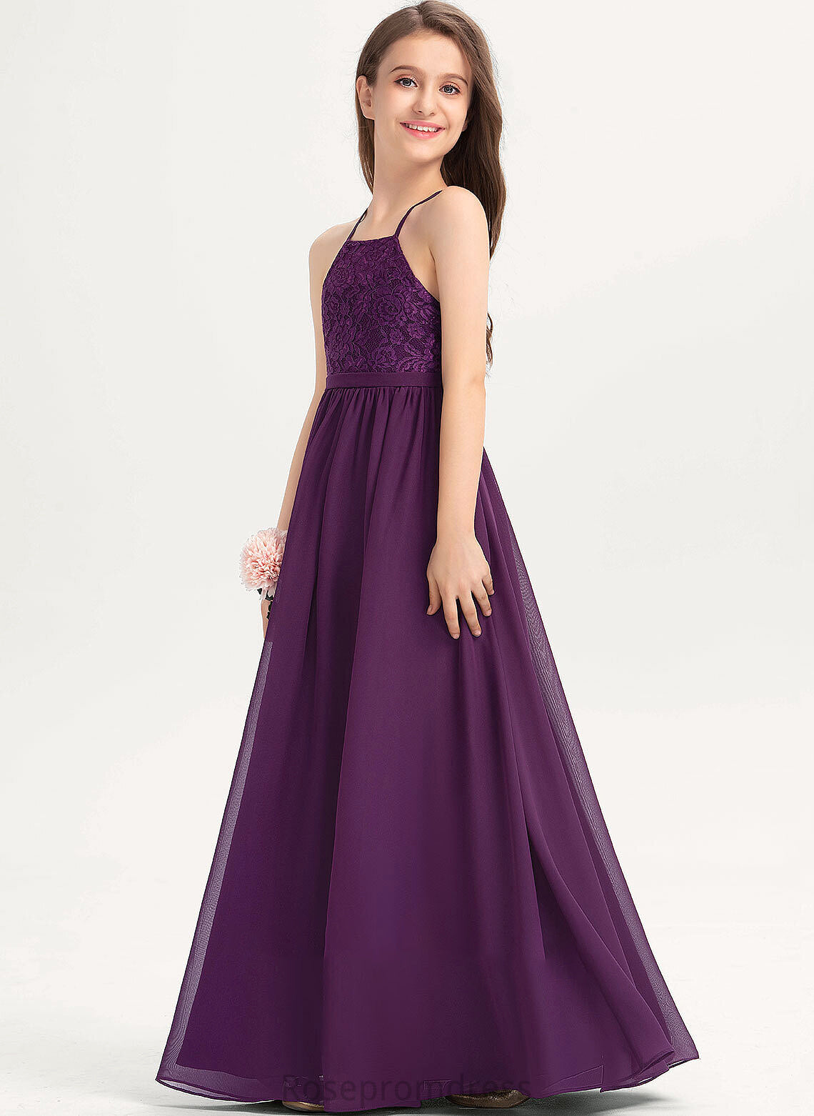 Louisa Bow(s) A-Line Square Lace With Neckline Junior Bridesmaid Dresses Floor-Length Chiffon