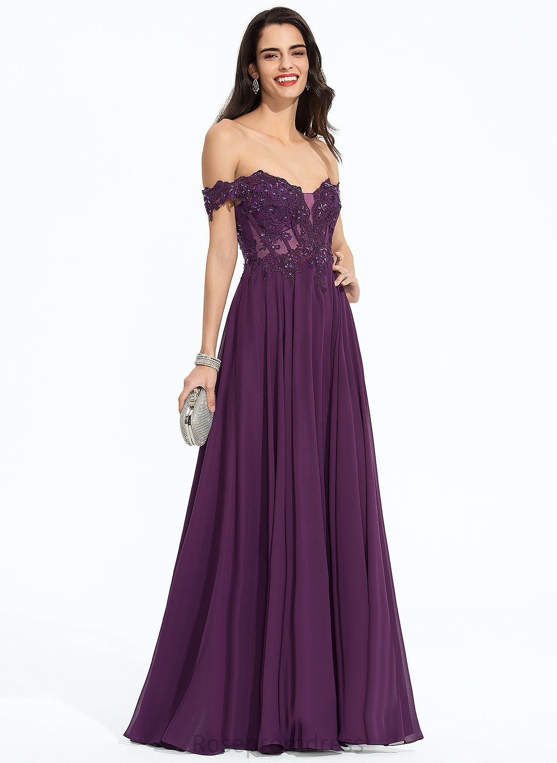 Ball-Gown/Princess Off-the-Shoulder Prom Dresses With Beading Floor-Length Ayla Sequins Lace Chiffon