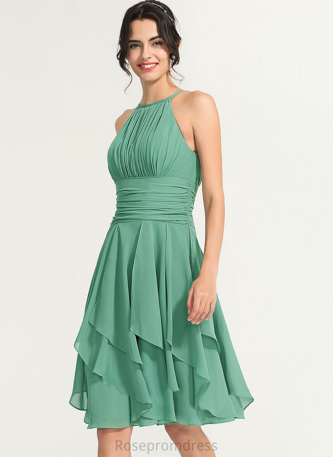 A-Line Dress Chiffon Cocktail Ruffle Ruffles Scoop Neck Knee-Length Viola With Cascading Cocktail Dresses