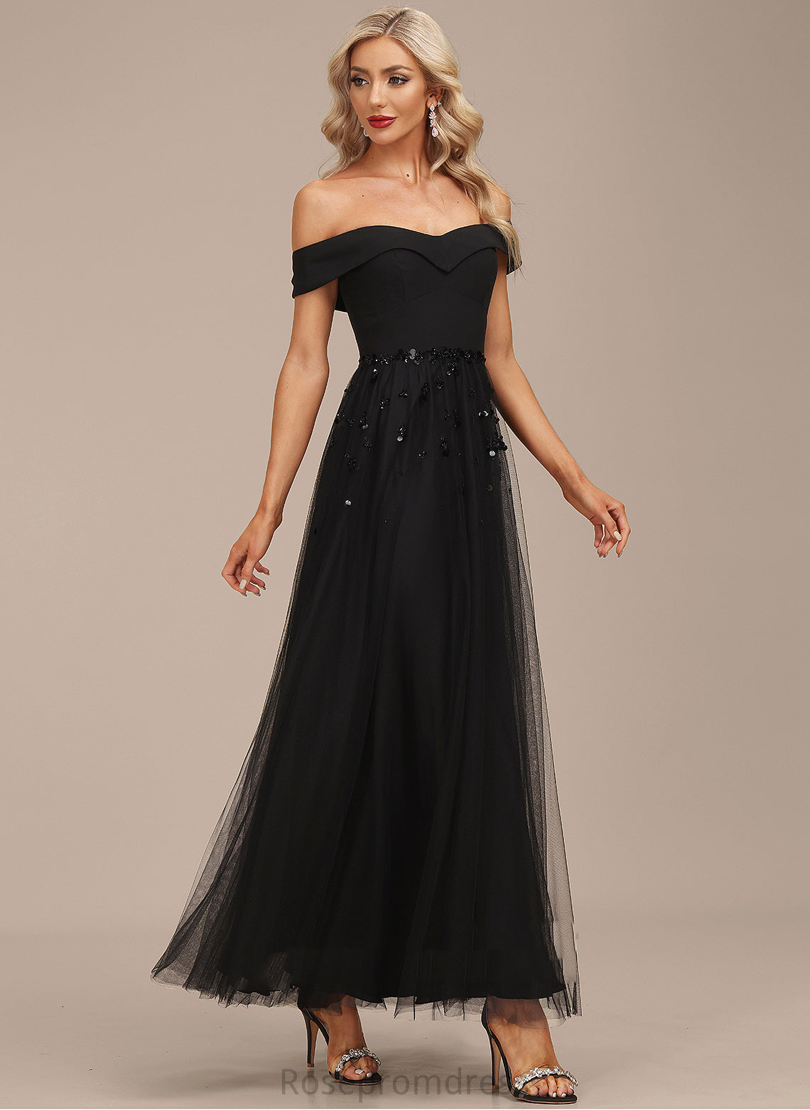 Miya Ankle-Length Dress A-Line Cocktail Cocktail Dresses Tulle With Off-the-Shoulder Sequins Chiffon Beading