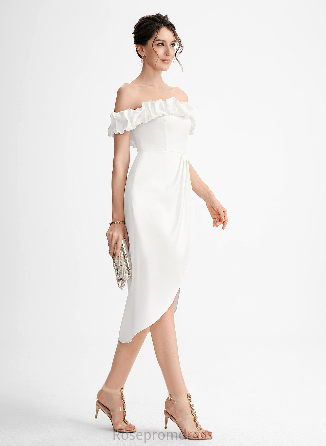 Stretch Off-the-Shoulder Crepe With Ruffle Asymmetrical Cocktail Dress Cocktail Dresses Frederica