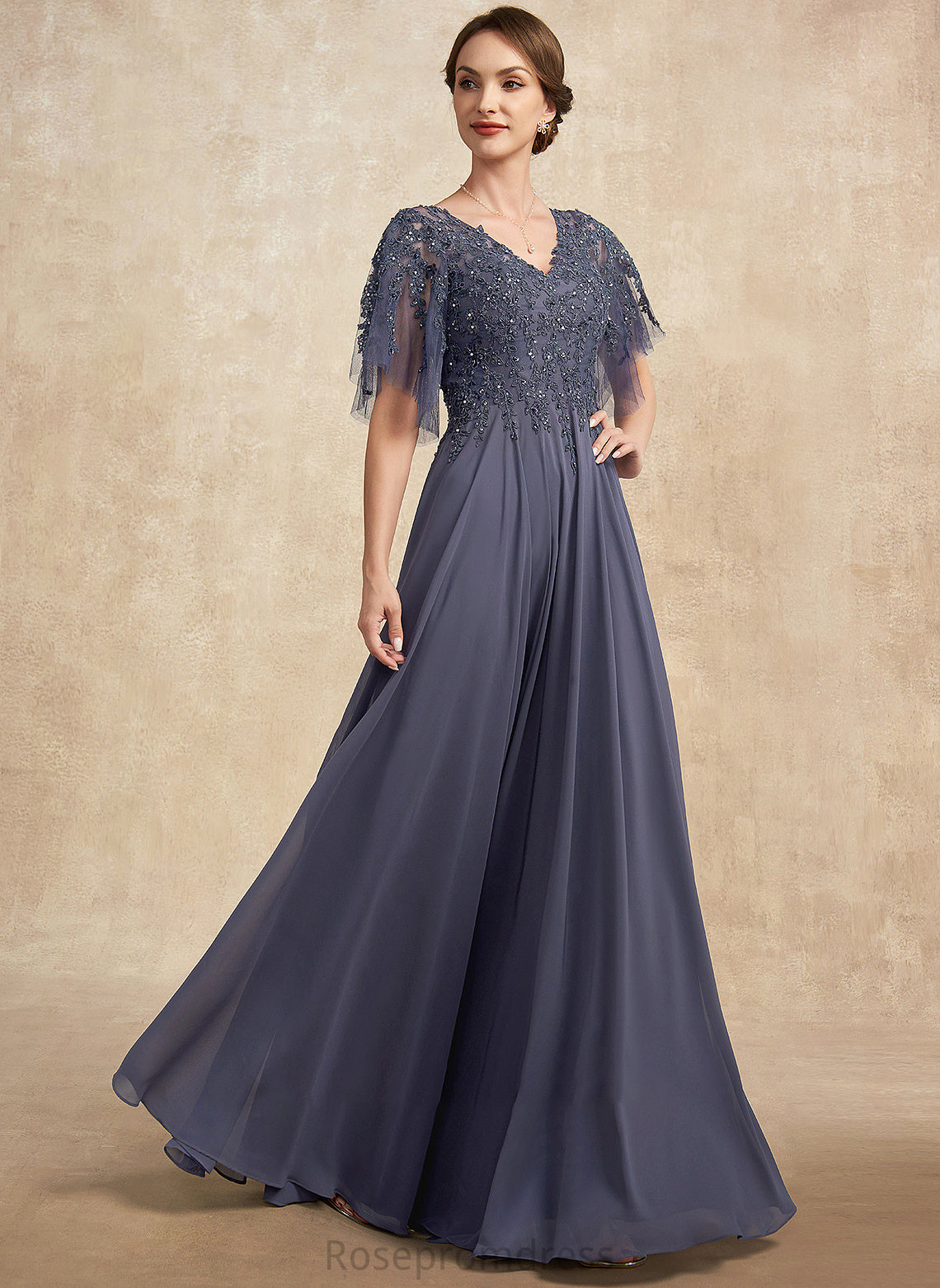 the Mother A-Line Chiffon V-neck Sequins Dress Lace Beading Bride Floor-Length Lizbeth of Mother of the Bride Dresses With