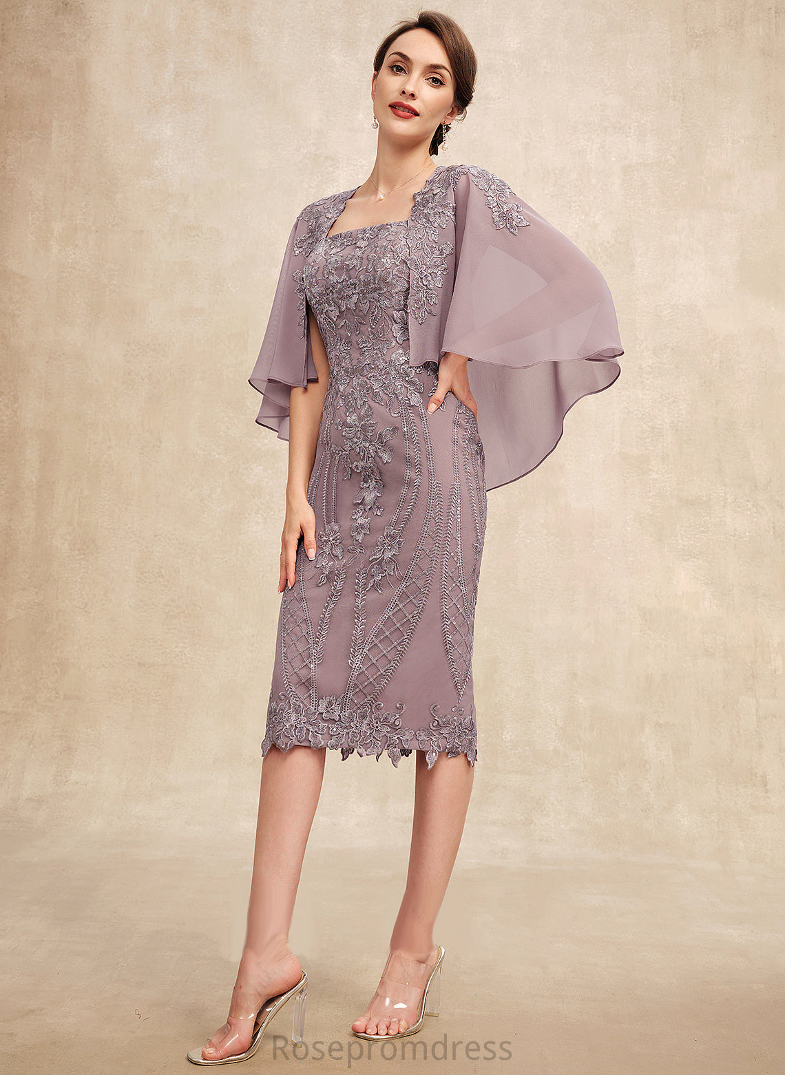 With Neckline Bride Sequins Chiffon of the Sheath/Column Alice Mother of the Bride Dresses Square Knee-Length Mother Dress Lace