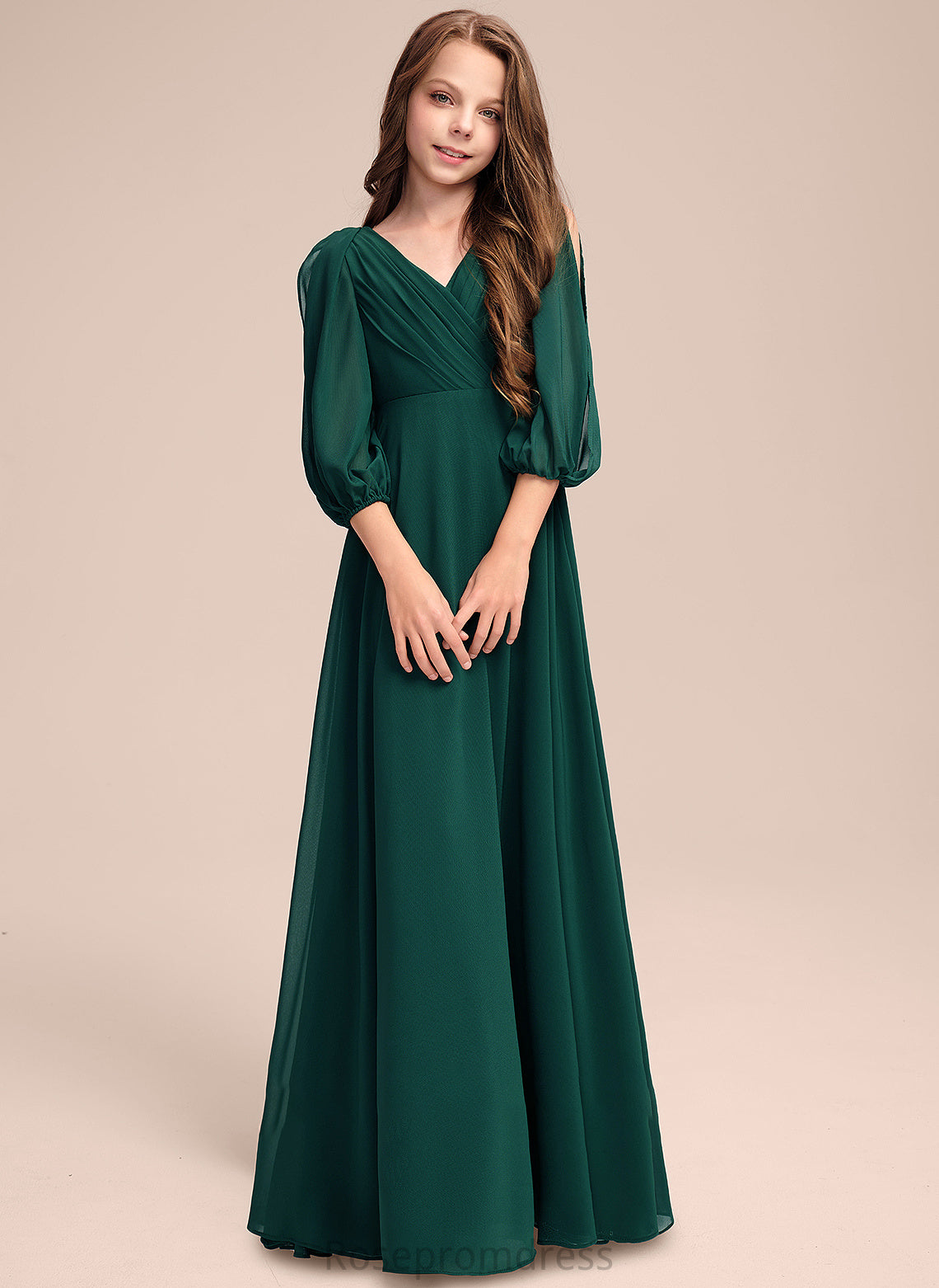 Aliana With A-Line Floor-Length Ruffles Chiffon V-neck Junior Bridesmaid Dresses