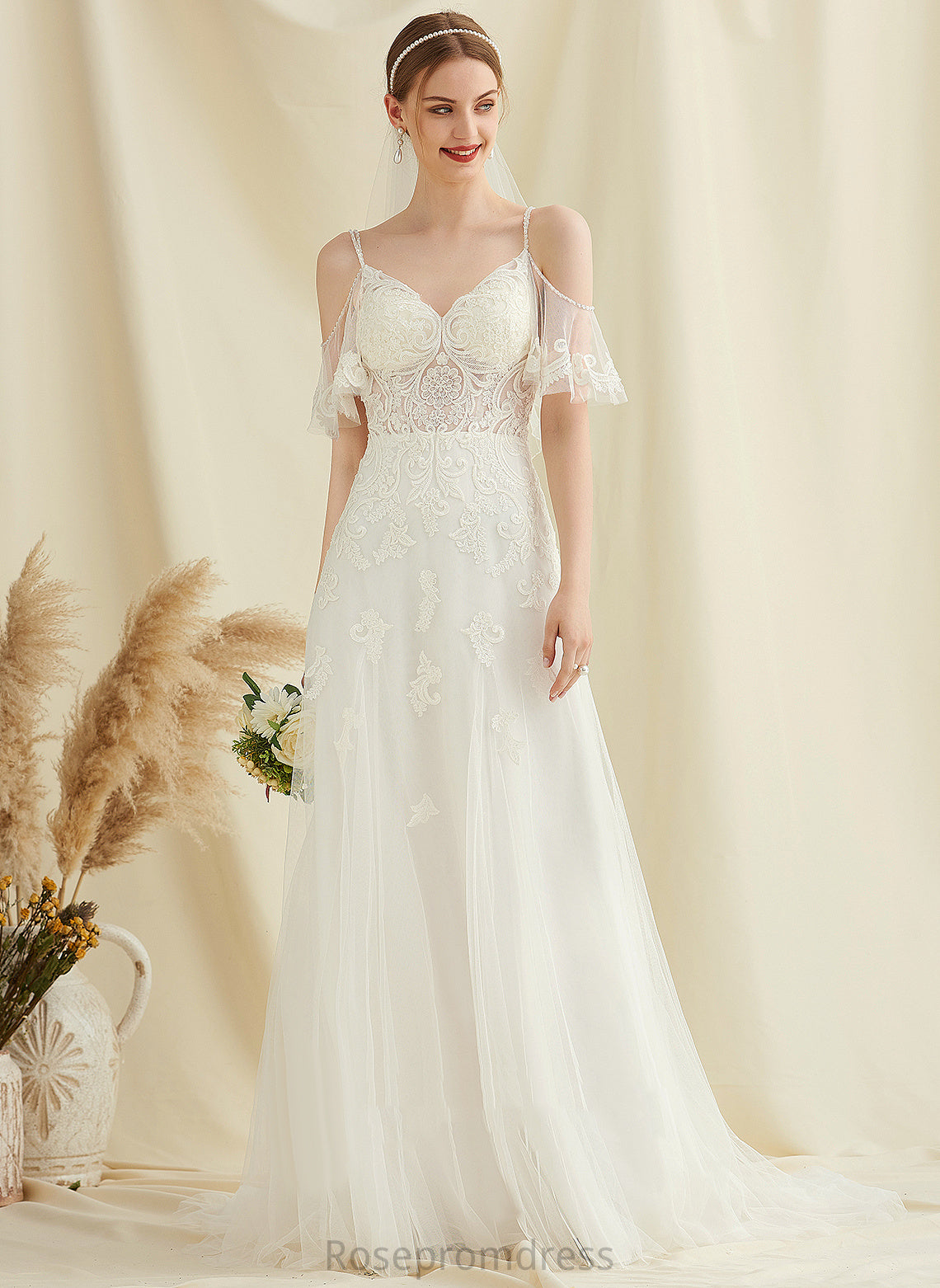 Dress Lina Train Wedding Wedding Dresses Lace Sweep V-neck Tulle With A-Line Beading