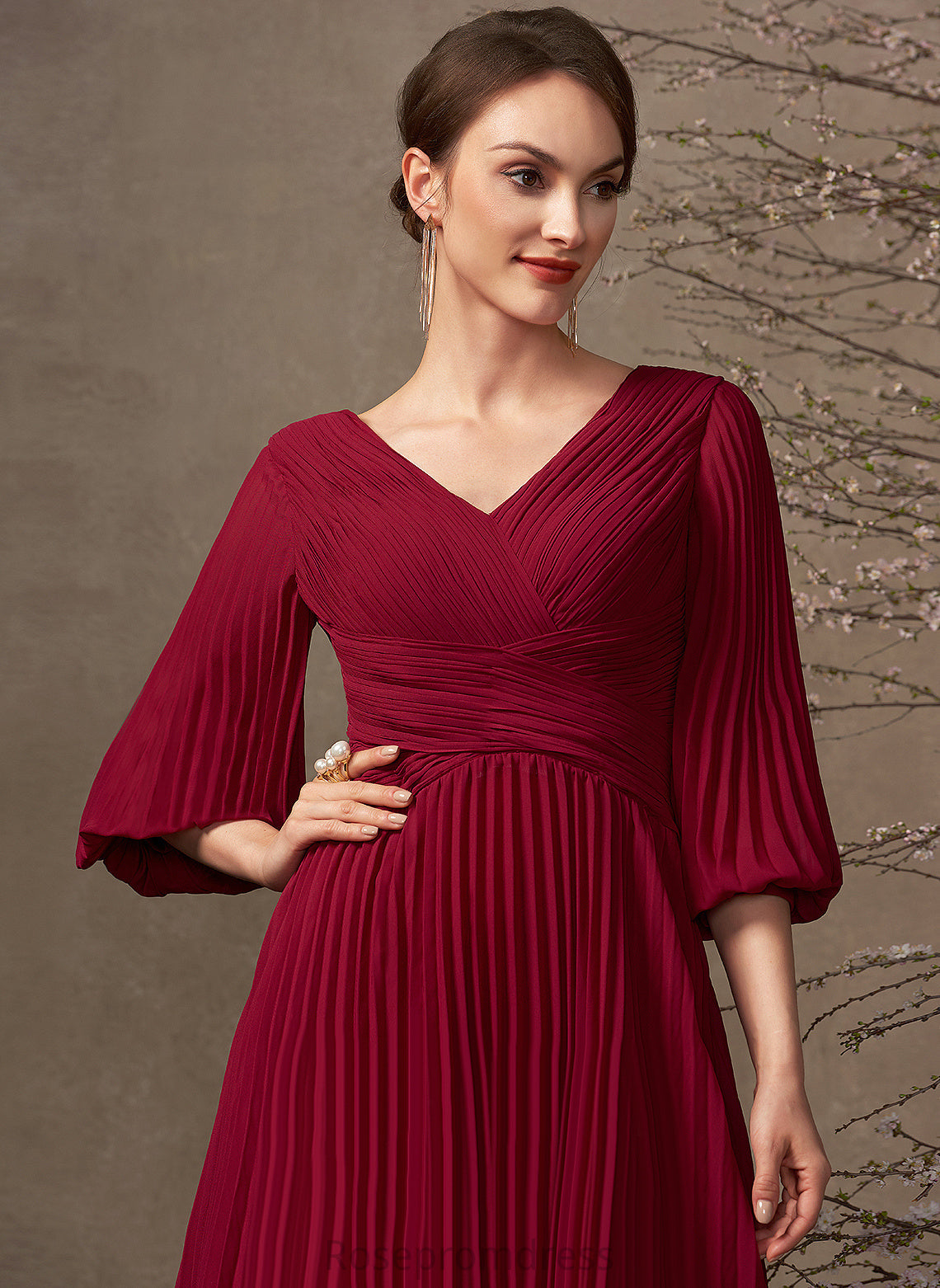 V-neck Jazlene Chiffon Cocktail Dresses A-Line Dress Cocktail With Tea-Length Pleated