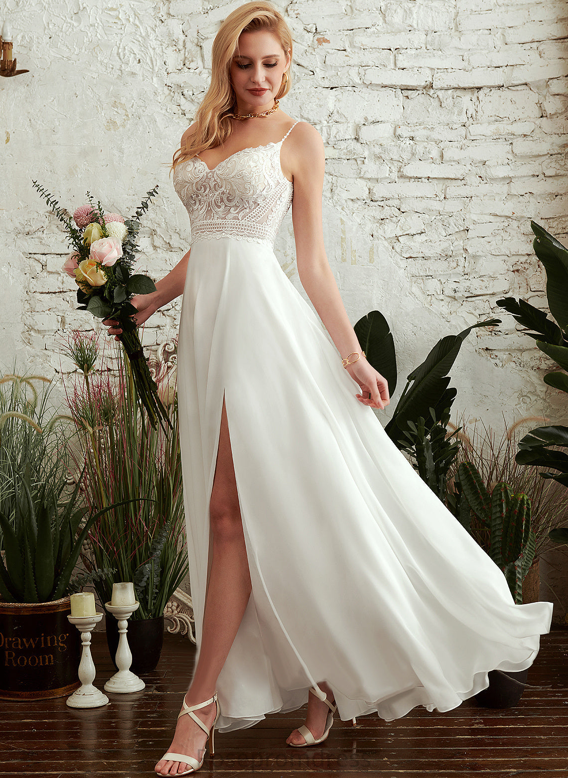 Chiffon Lace A-Line With Split Wedding Dresses Front V-neck Wedding Dress Catherine Floor-Length