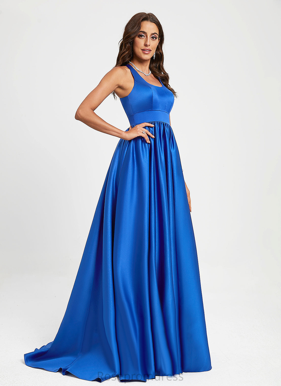 A-Line Sweep Train Scoop Satin Carlee Prom Dresses