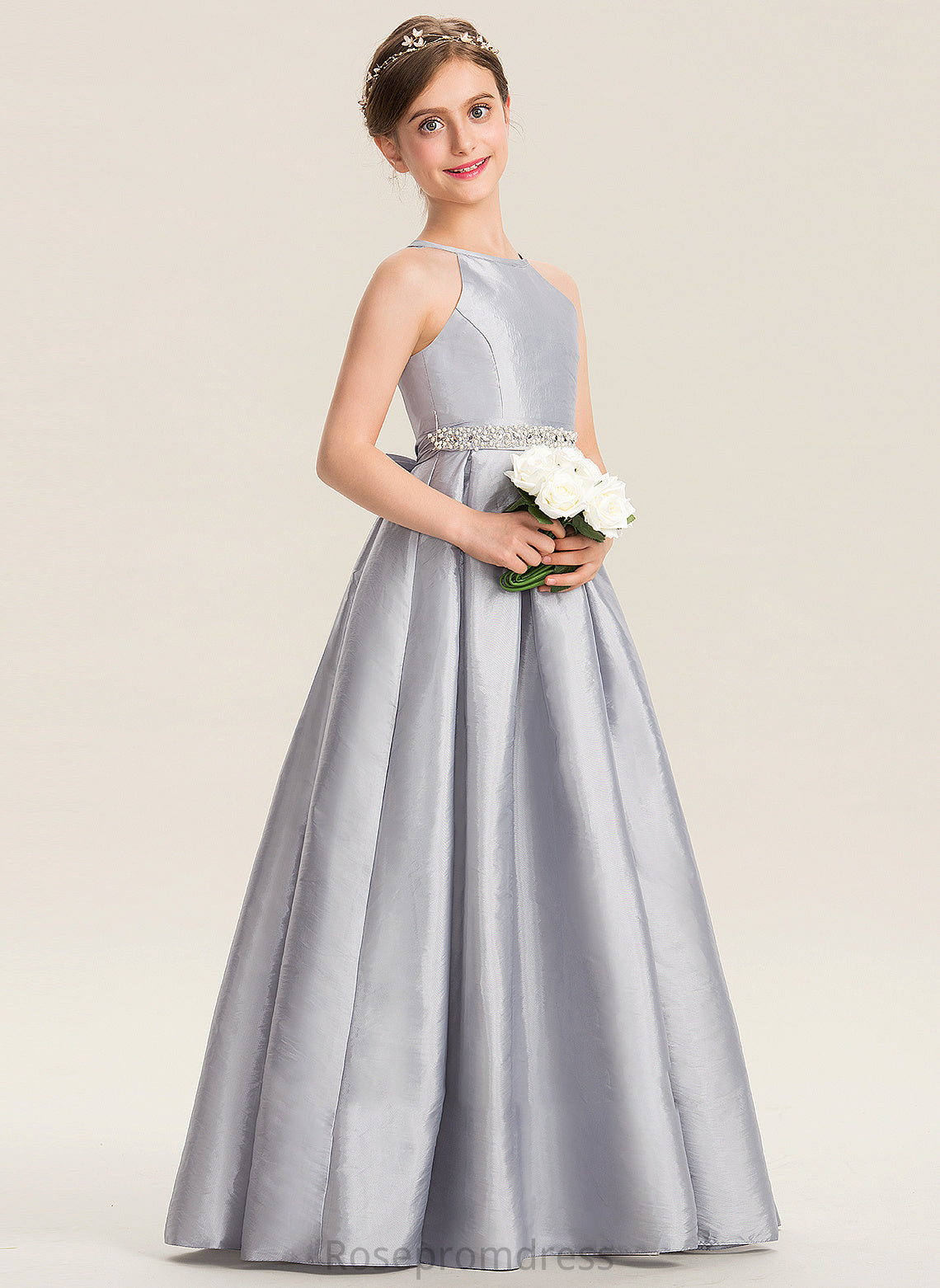 A-Line Bow(s) Beading Floor-Length Taffeta Averi Neck Junior Bridesmaid Dresses Scoop With