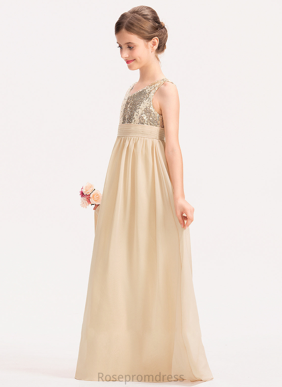 Sequined Chiffon Meg Junior Bridesmaid Dresses V-neck A-Line With Ruffle Floor-Length