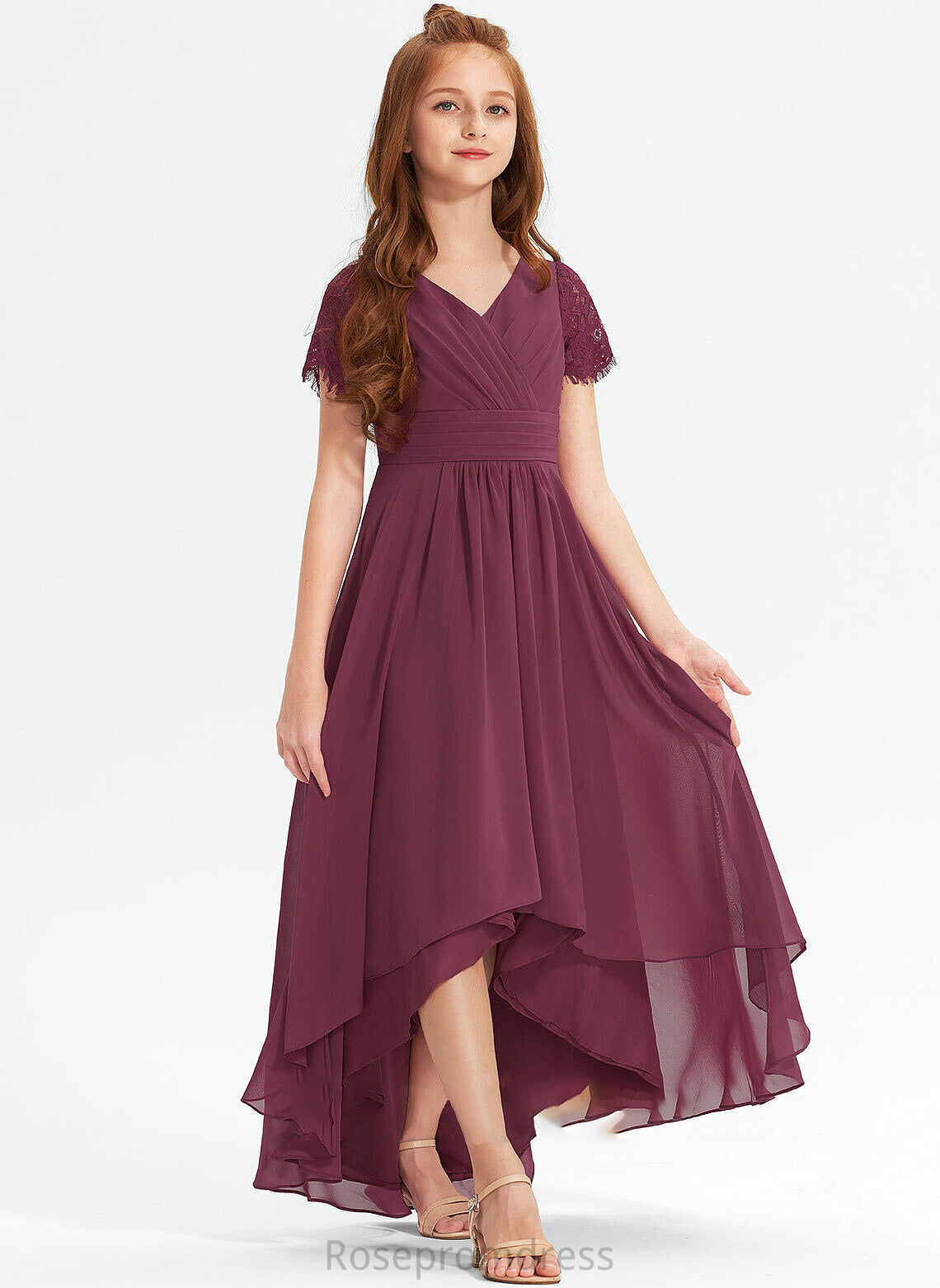 A-Line V-neck Ruffle Junior Bridesmaid Dresses Asymmetrical Katie With Chiffon Lace