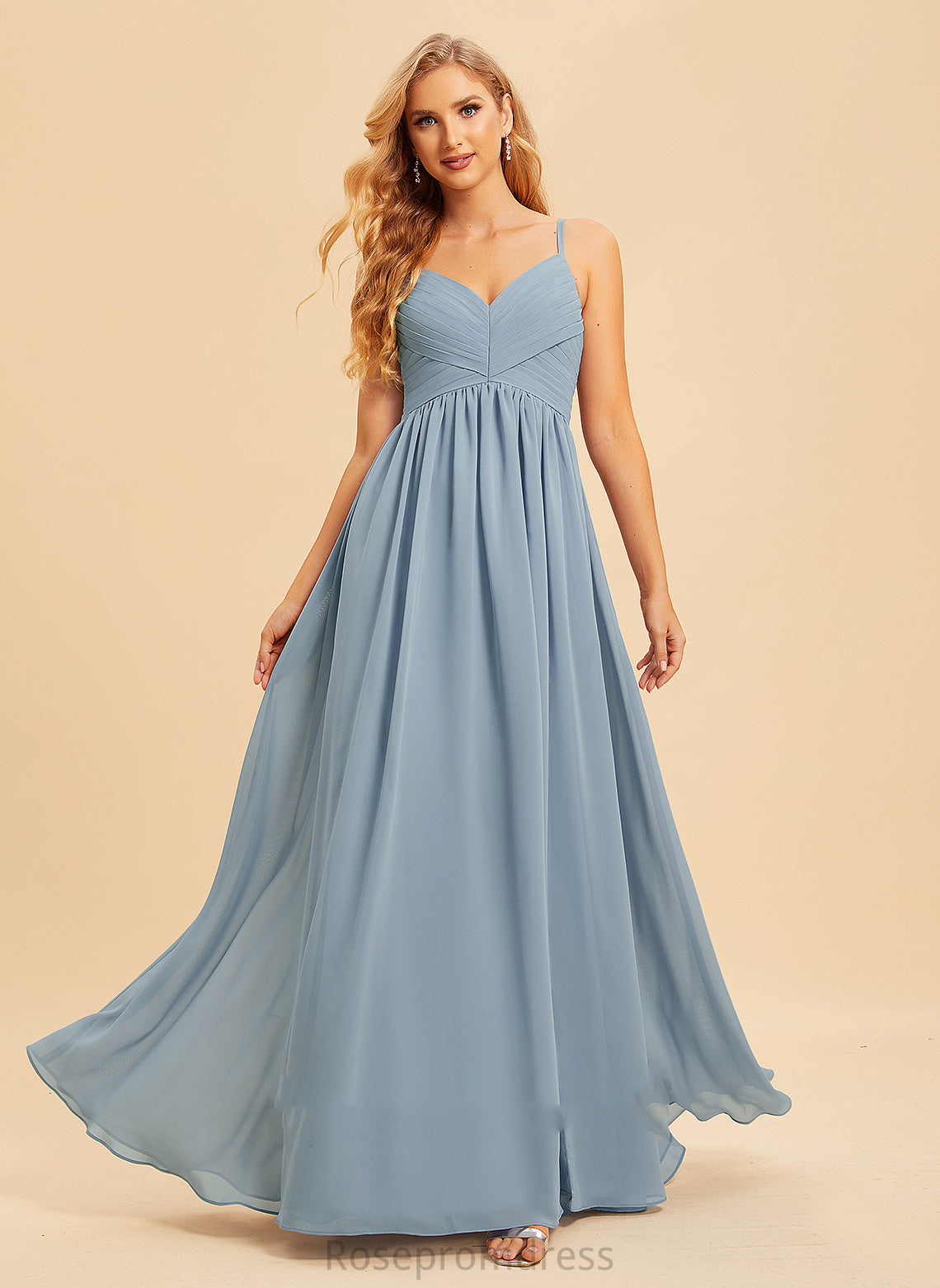 SplitFront Length Neckline Floor-Length Fabric A-Line Embellishment V-neck Silhouette Tamia Sweep-Brush Train Sleeveless Bridesmaid Dresses