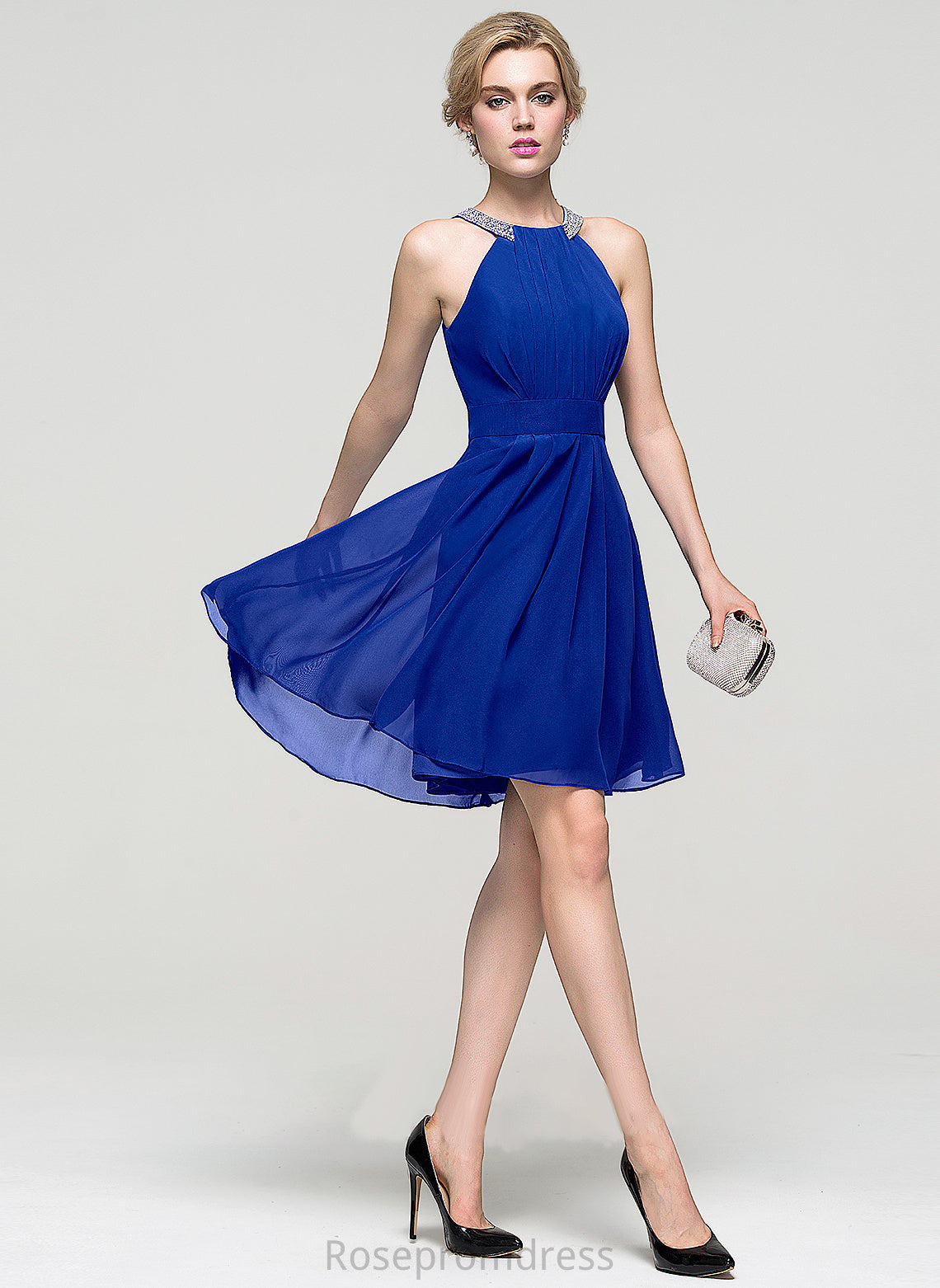 A-Line With Marilyn Ruffle Knee-Length Chiffon Beading Neck Scoop Prom Dresses