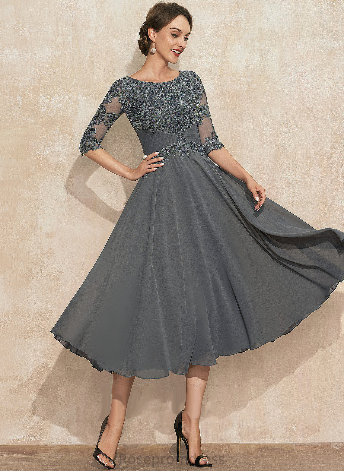 Mother of the Bride Dresses A-Line Mother Tea-Length Chiffon the Scoop Neck Dress With Elle of Sequins Bride Lace