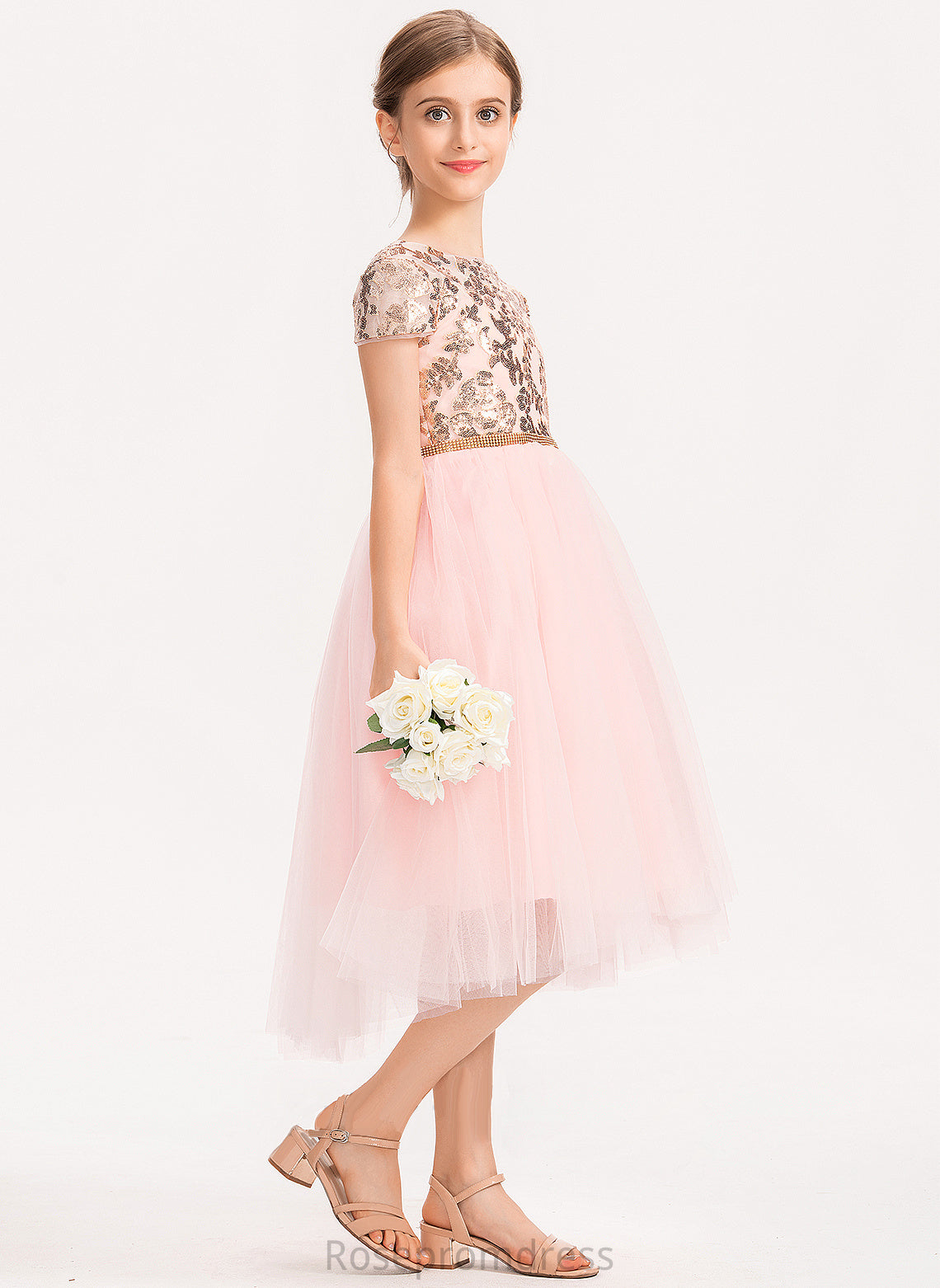 Junior Bridesmaid Dresses Tulle With A-Line Sequins Asymmetrical Elyse Neck Scoop