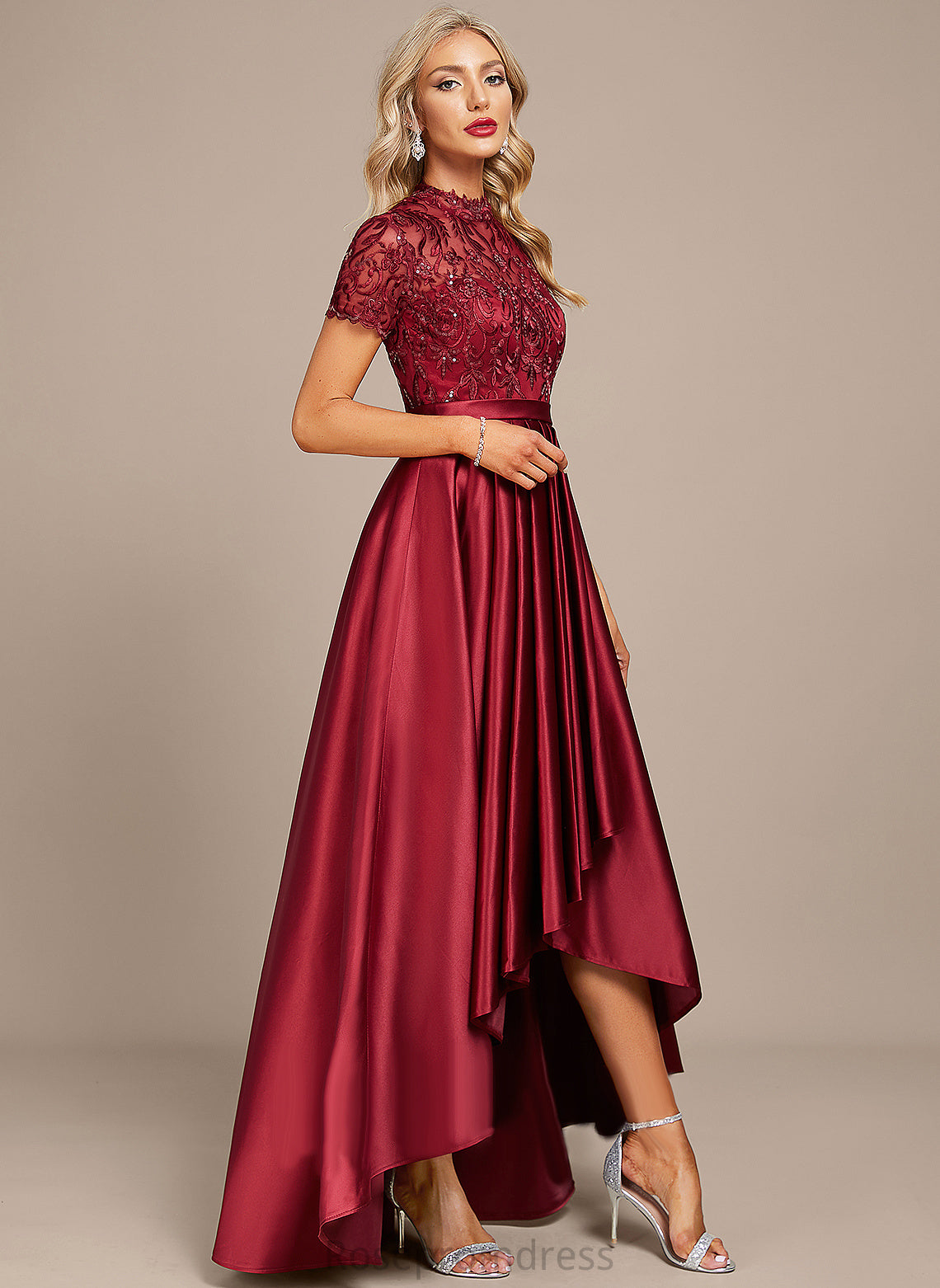 Dress Ruffle Asymmetrical High With Neck Lace A-Line Glenda Sequins Satin Cocktail Cocktail Dresses