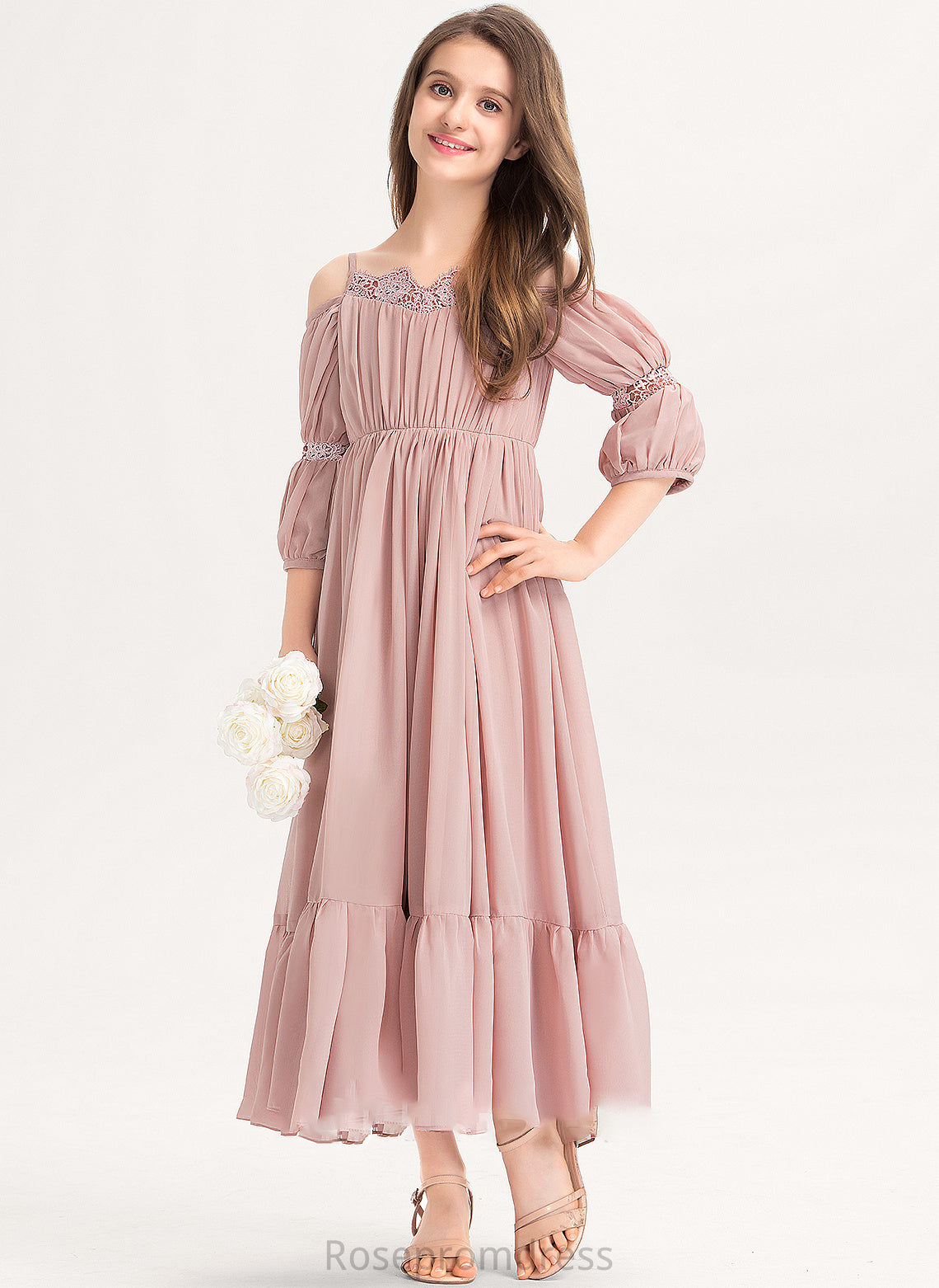 A-Line Lace Chiffon Ruffle Square With Noemi Ankle-Length Junior Bridesmaid Dresses Neckline