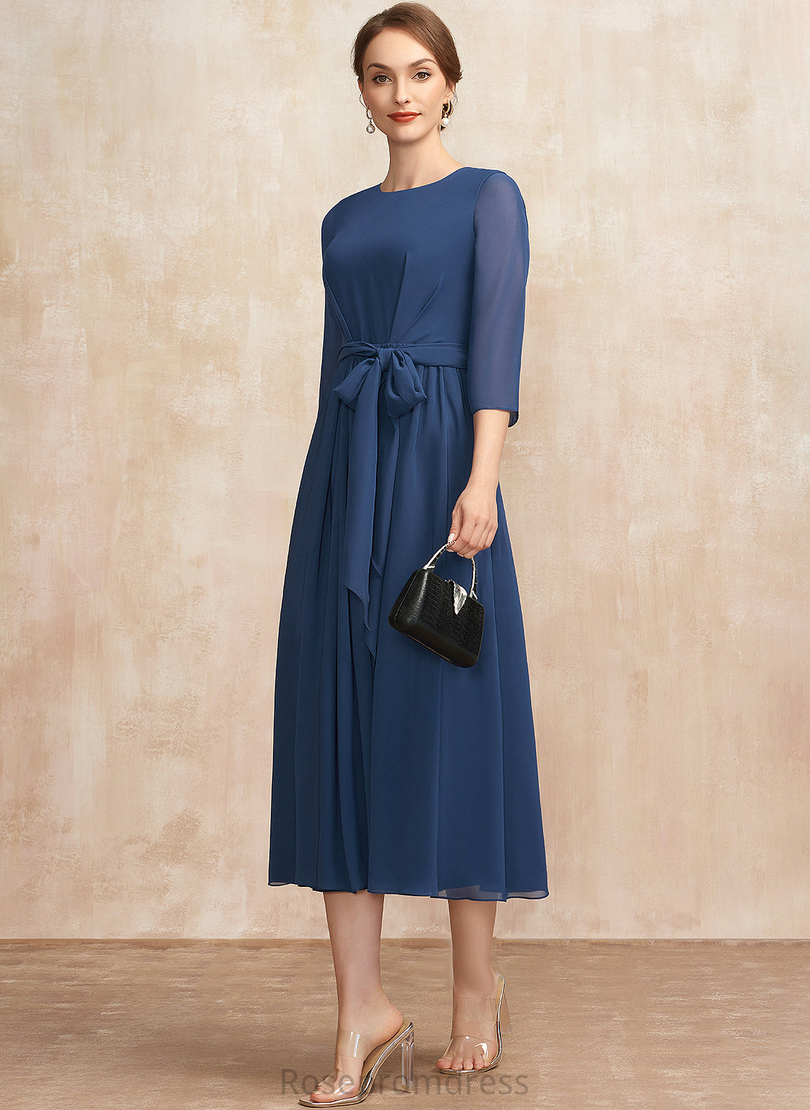 A-Line Cocktail Dresses Neck With Madge Cocktail Bow(s) Tea-Length Dress Chiffon Ruffle Scoop