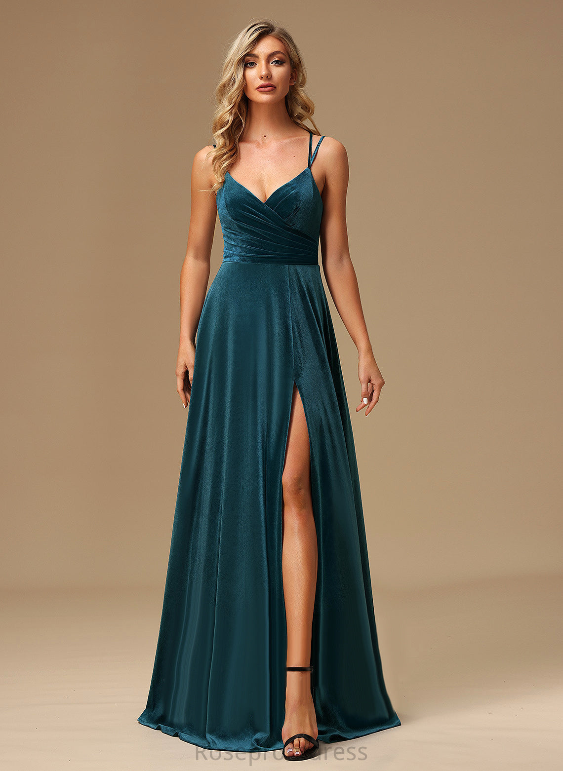 Silhouette Fabric Velvet Length Neckline Floor-Length A-line V-Neck Straps&Sleeves Briley A-Line/Princess Natural Waist Bridesmaid Dresses