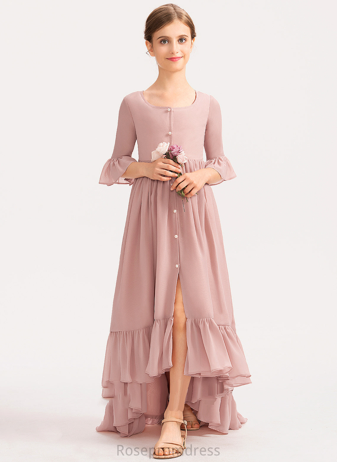 A-Line Neck Chiffon Junior Bridesmaid Dresses Scoop Ruffles Bow(s) Cascading Asymmetrical Lauretta With