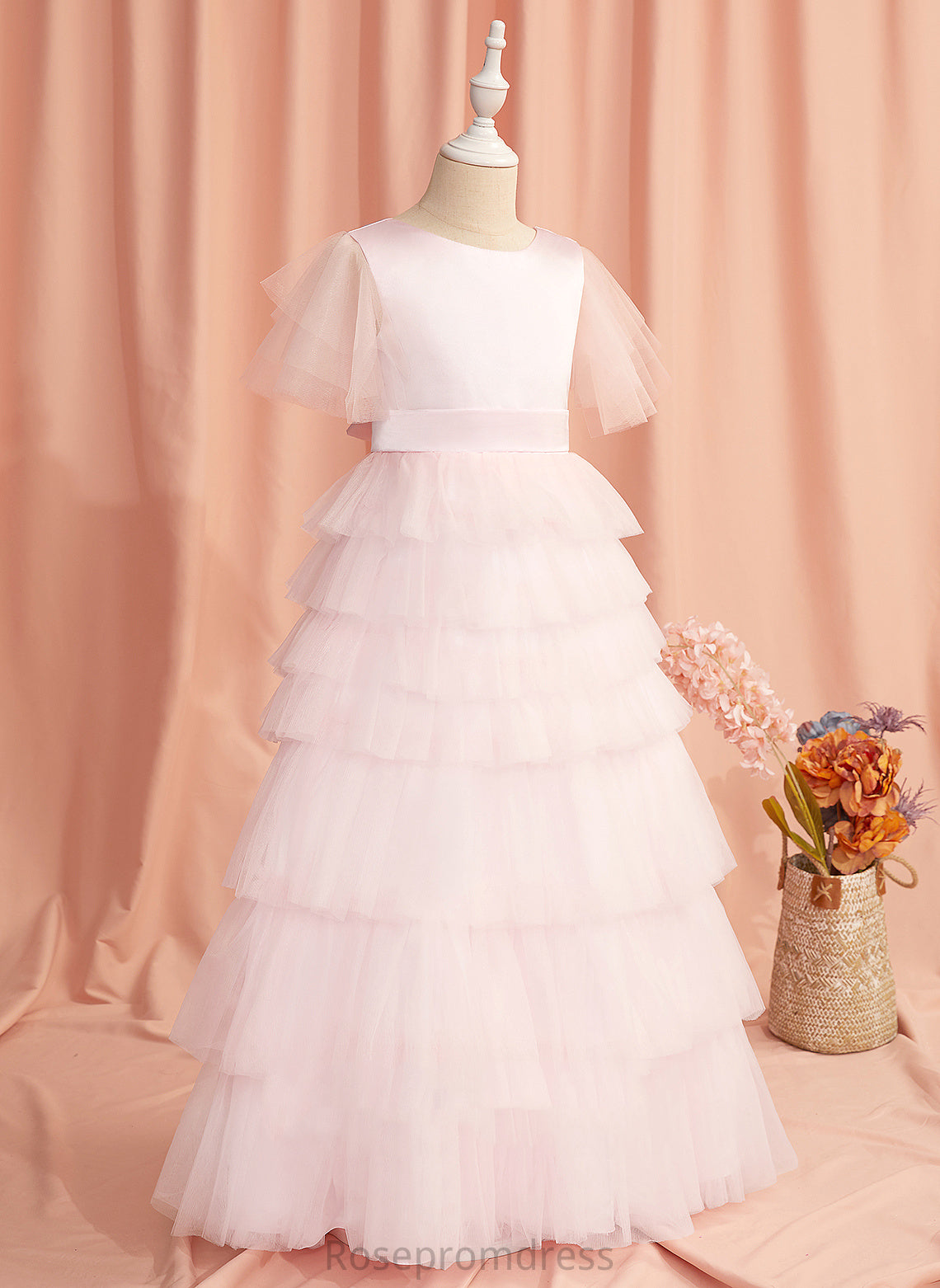 Tulle Ruffles/V Flower Girl Dresses Alessandra Neck Ball-Gown/Princess Flower Short Floor-length With Girl Back Dress Sleeves - Scoop