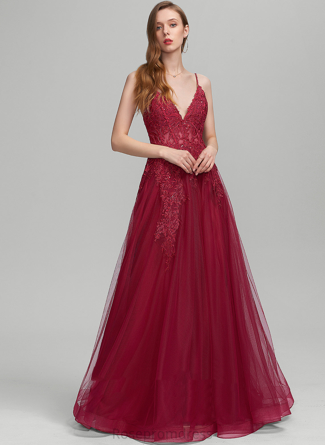 With V-neck Lace Sequins Ball-Gown/Princess Beading Melina Floor-Length Prom Dresses Tulle