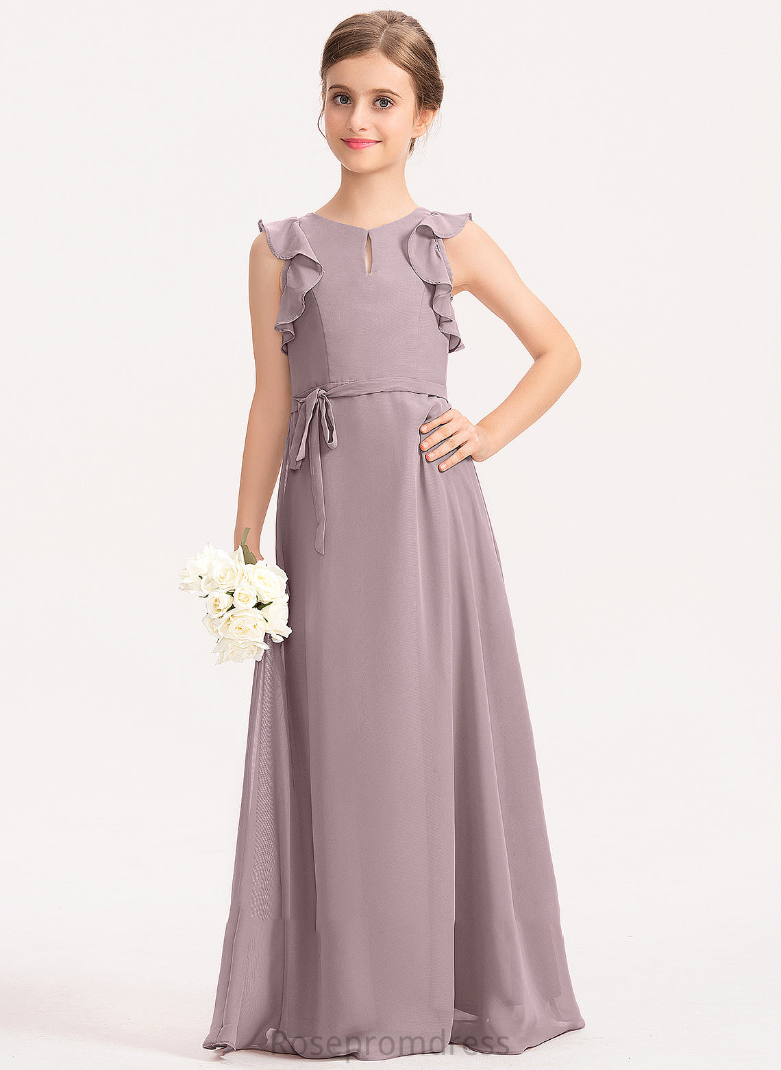 Junior Bridesmaid Dresses Floor-Length A-Line Isabell Cascading Scoop Neck With Chiffon Bow(s) Ruffles