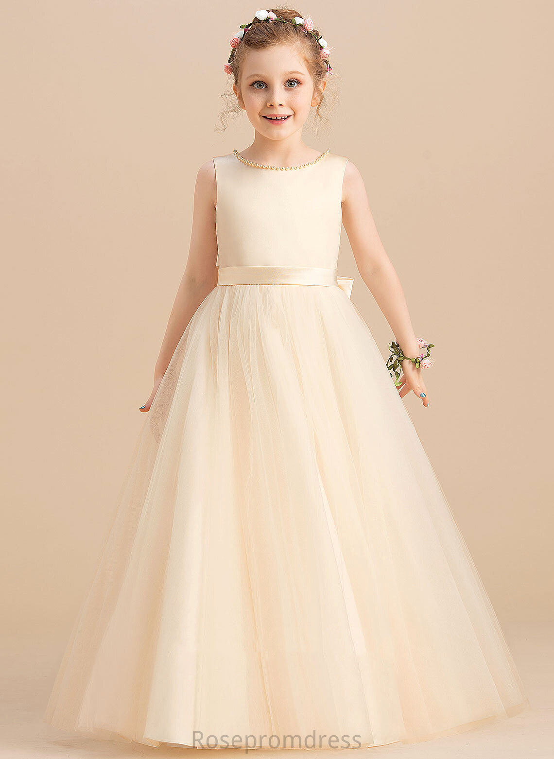 Flower Girl Dresses Sleeveless Satin/Tulle Girl With Floor-length Lilia Beading/Bow(s) Scoop - Ball-Gown/Princess Neck Dress Flower